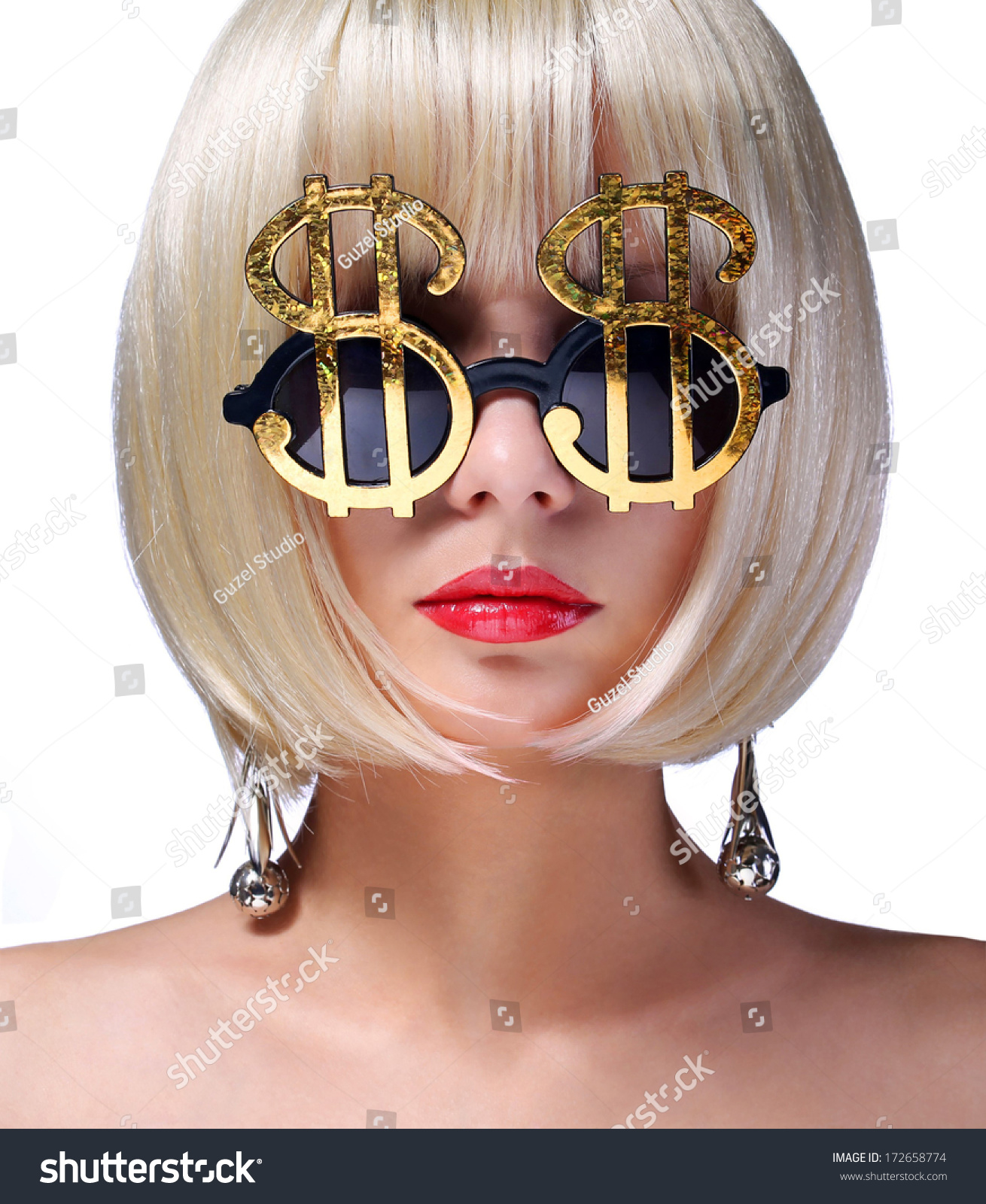 Money Girl. Fashion Blonde Model With Gold Sunglasses Shaped In Dollar