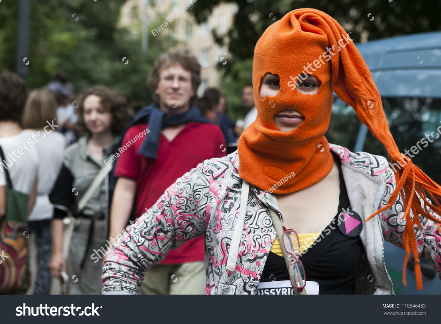 Moscow Russia August 17 Protestant Wears Orange Balaclava Pussy Riot Outside Court To