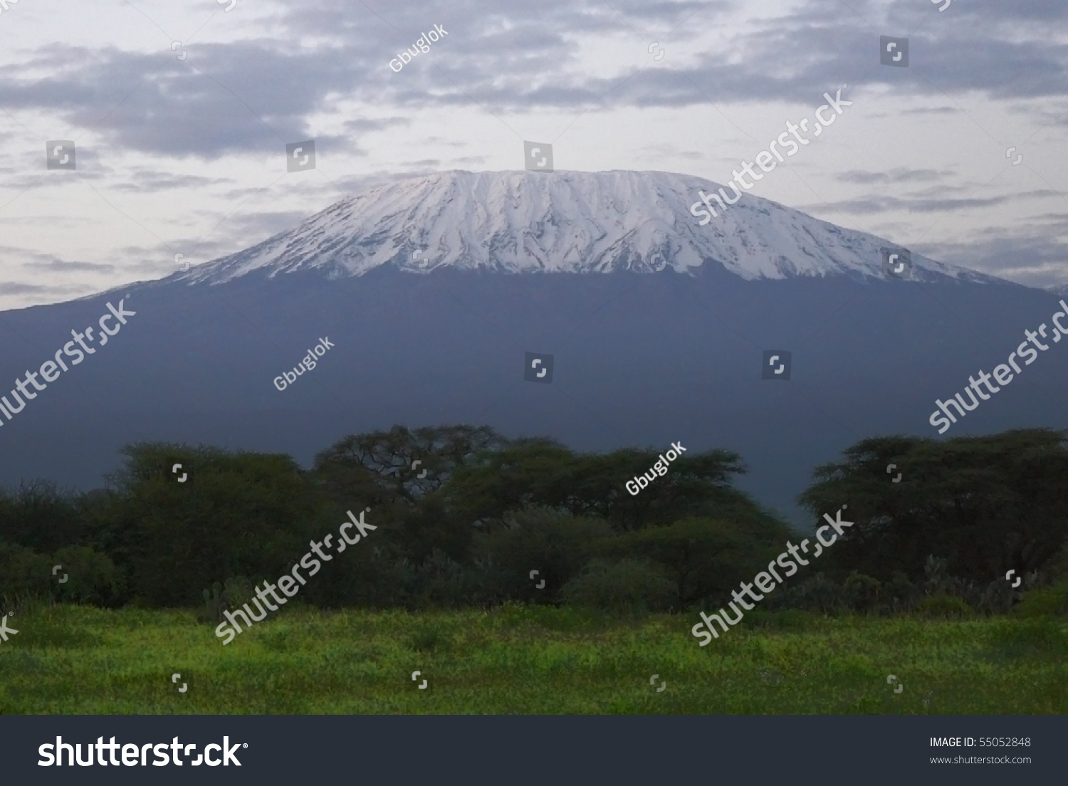 Mount Kilimanjaro In Kenya Landscape With Snow Covered Peak In Evening