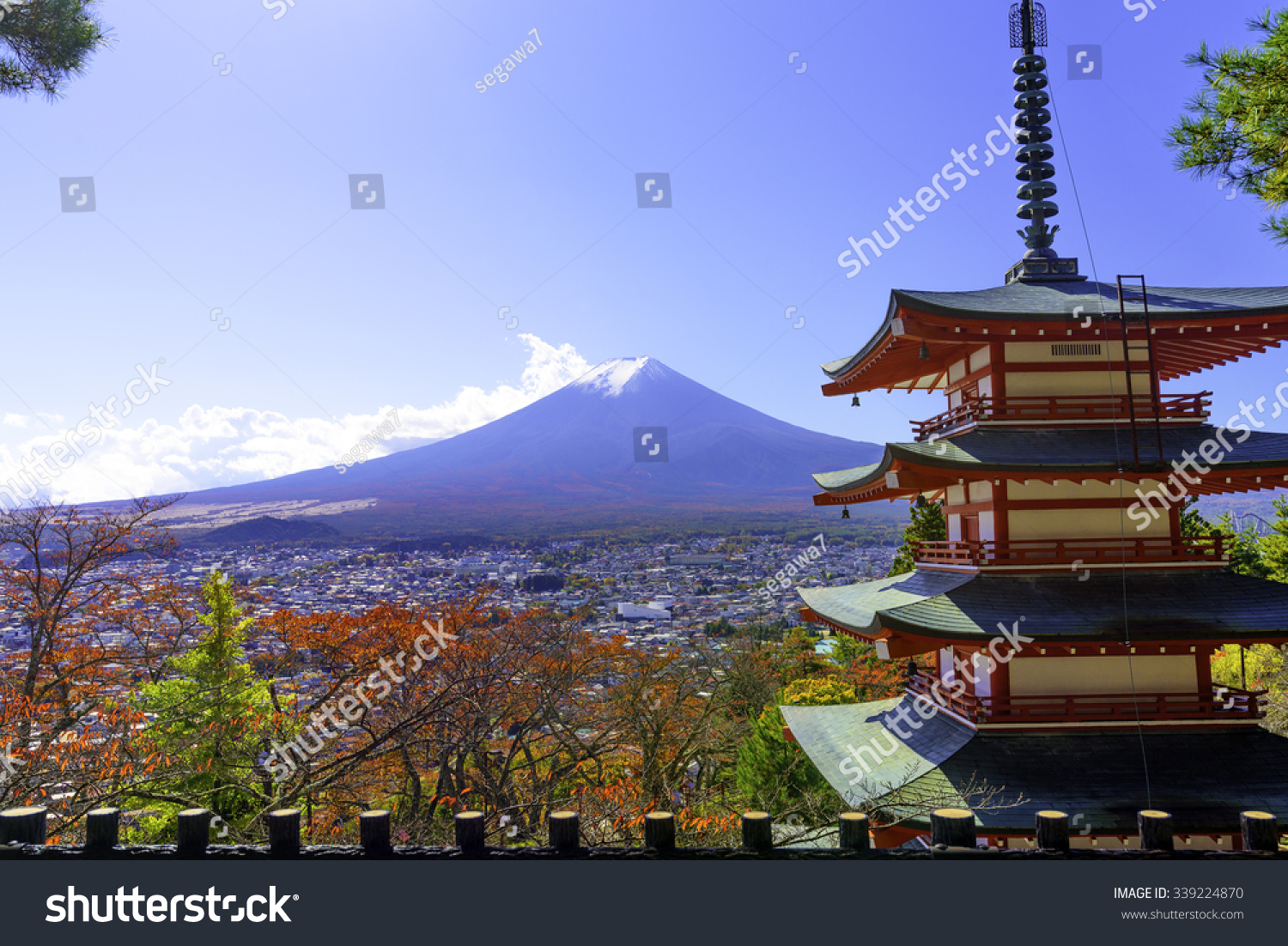 Mt Fuji With Red Pagoda In Autumn Fujiyoshida Japan