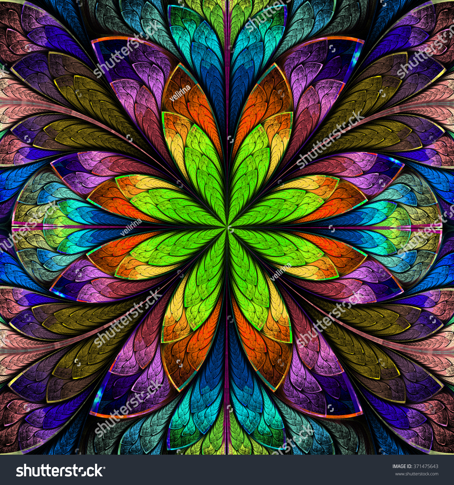 Multicolored Symmetrical Fractal Flower In Stained Glass Window Style Artwork For Creative