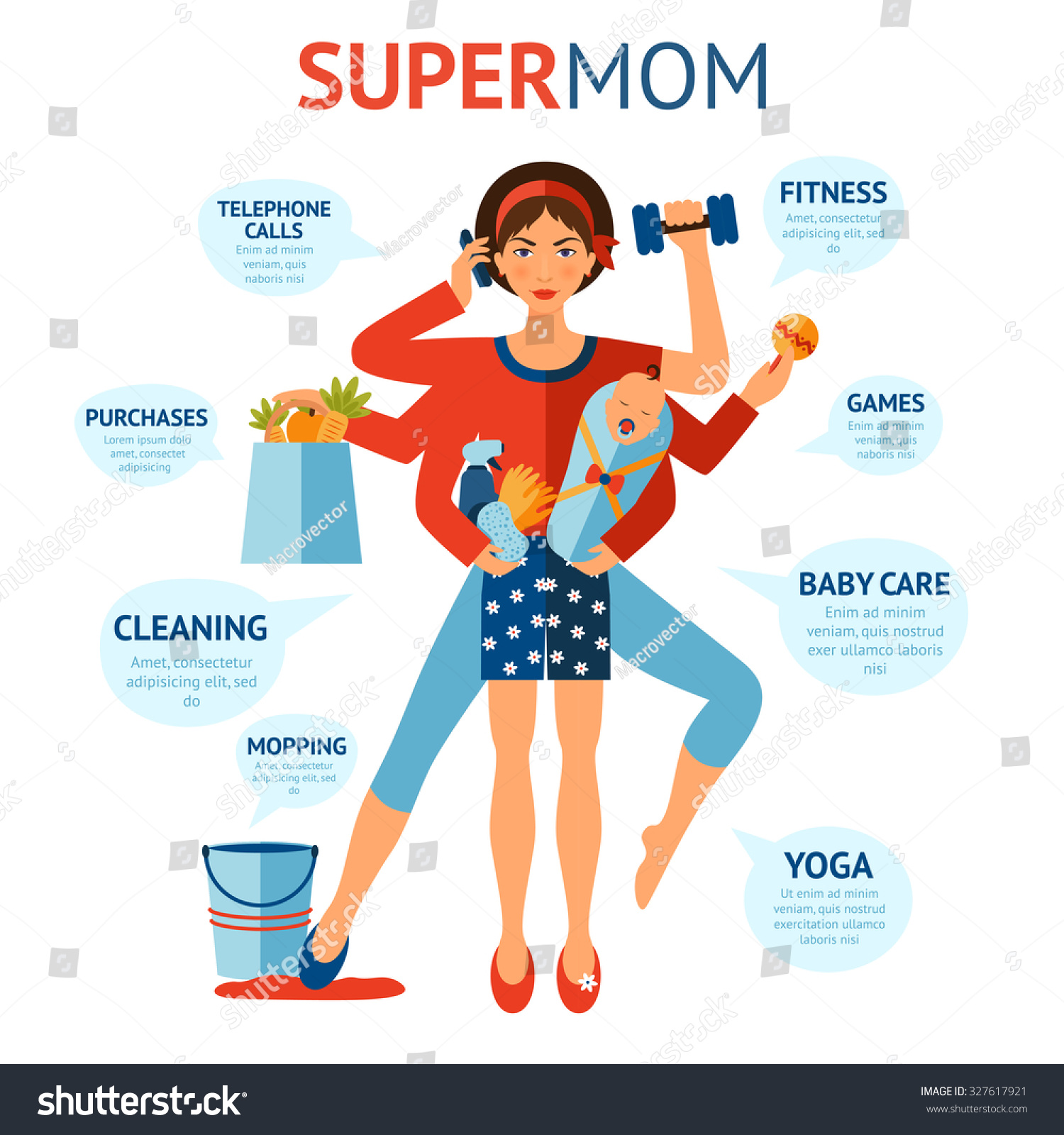 Multitasking Super Mom Concept With Woman Holding Baby And Housework ...