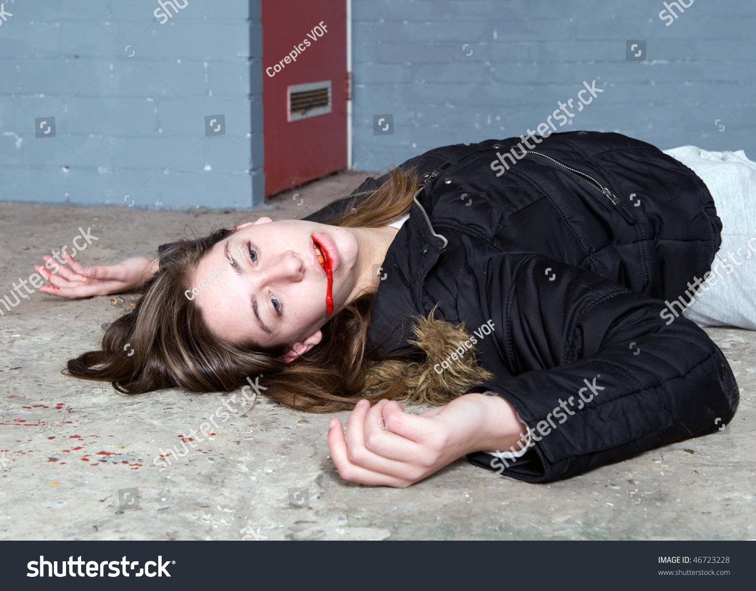 Murdered Woman On Concrete Basement Floor Stock Photo 4672