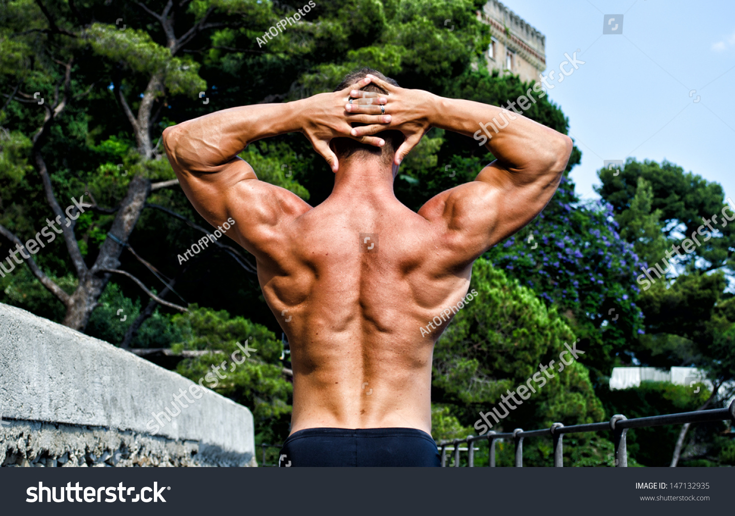 Muscular Bodybuilder With Hands Behind His Head Showing Back Shoulders And Arms Stock Photo