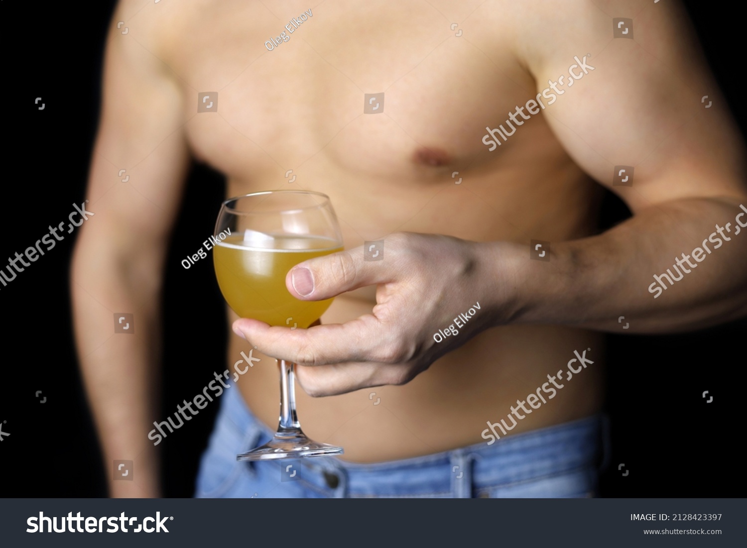 Muscular Man Naked Torso Standing Glass Stock Photo