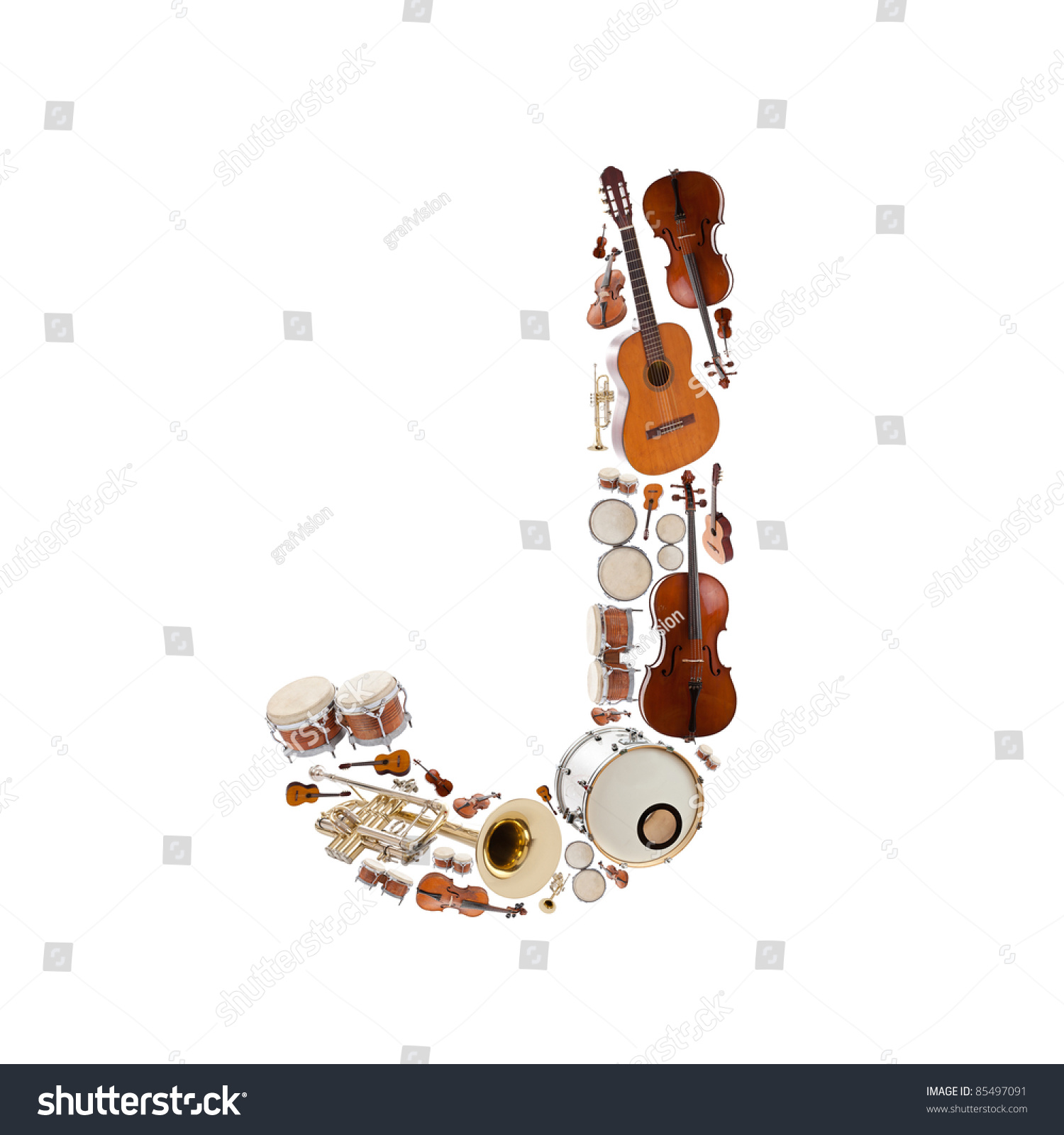 Musical Instruments Alphabet On White Background. Letter J Stock Photo