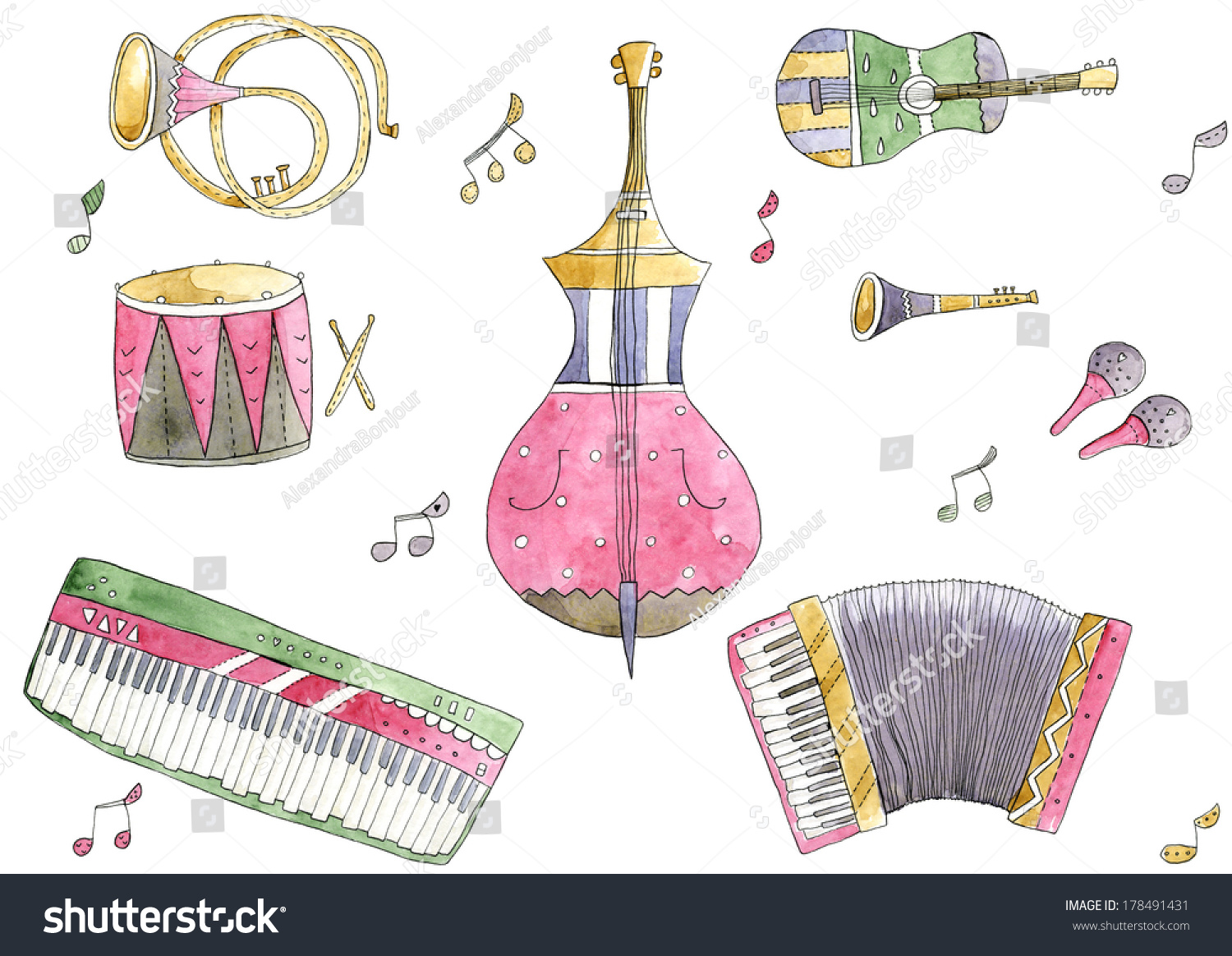 Musical Instruments Watercolor Set Stock Illustration 178491431