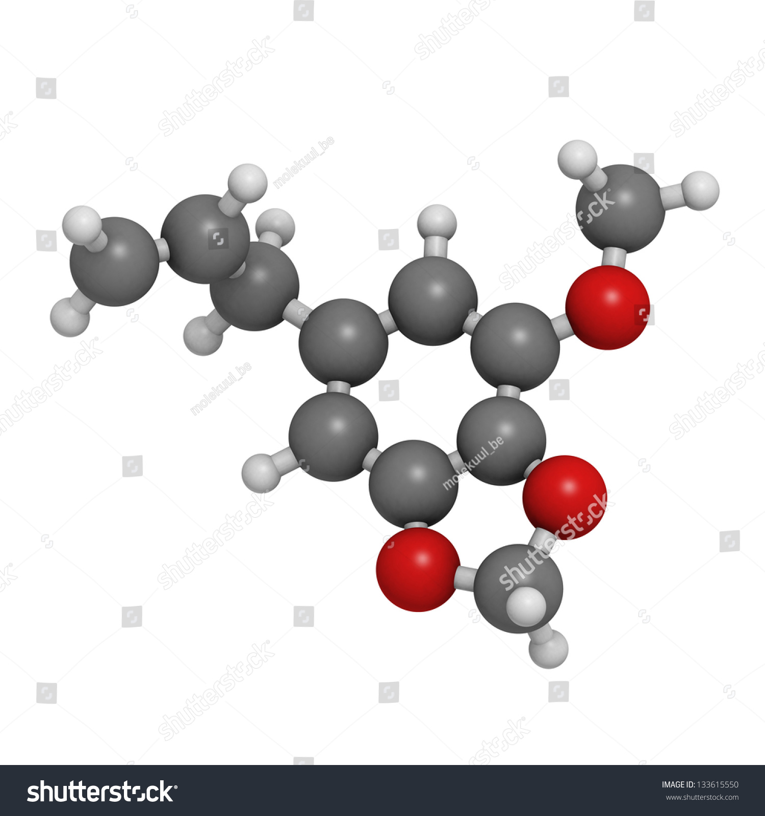 Myristicin Nutmeg Psychoactive Component, Molecular Model. Atoms Are