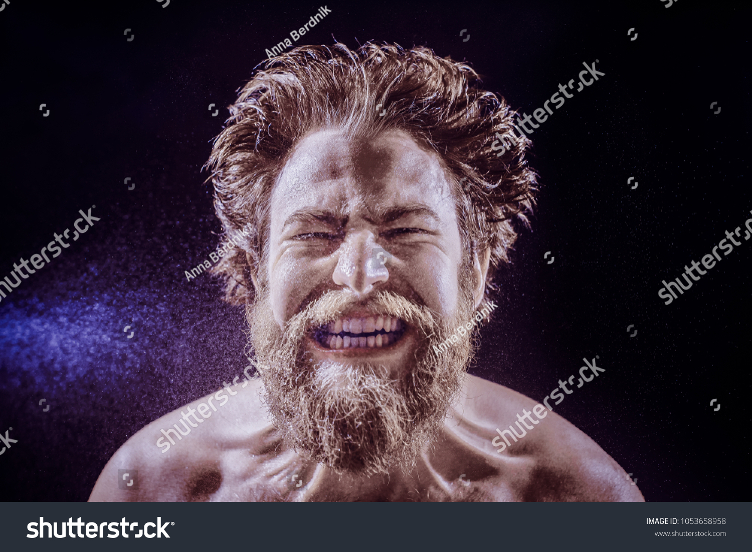 Naked Bearded Man Angrily Screams Into Stock Photo 1053658958