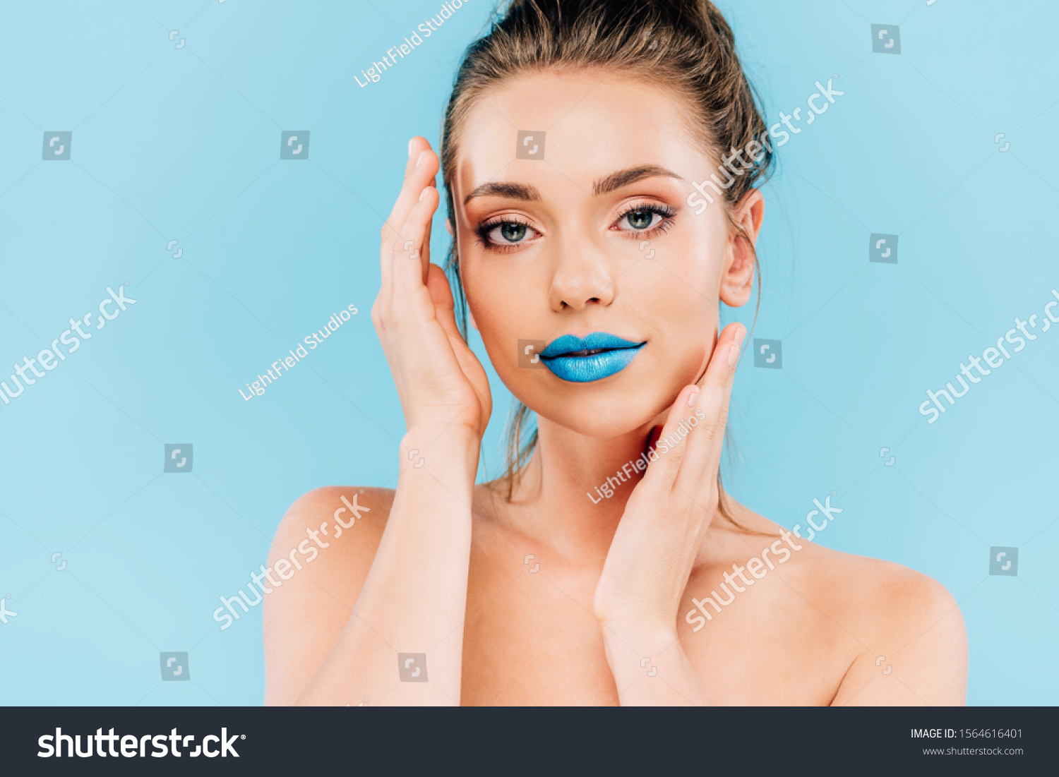 Naked Beautiful Woman Blue Lips Posing Stock Photo