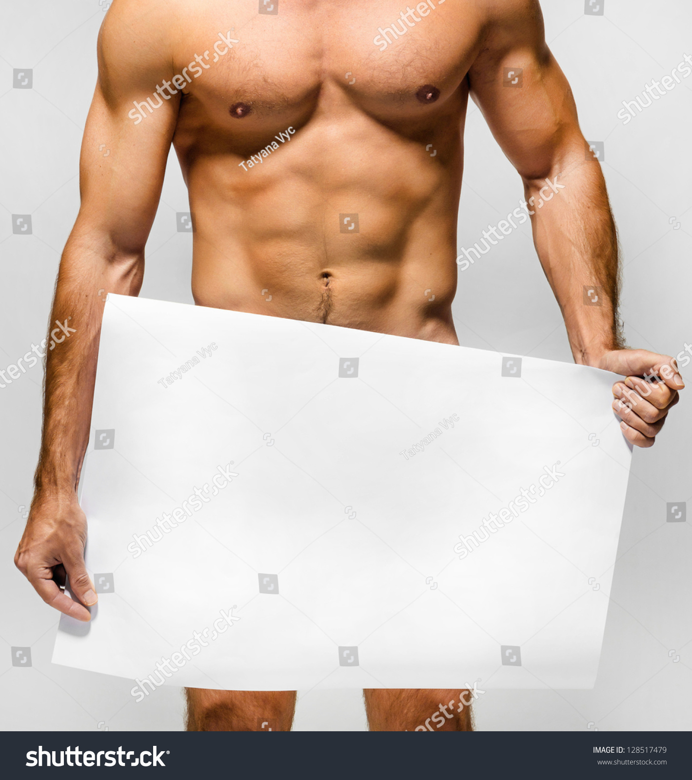 Naked Muscular Man Covering Banner Copy Stock Photo 128517479