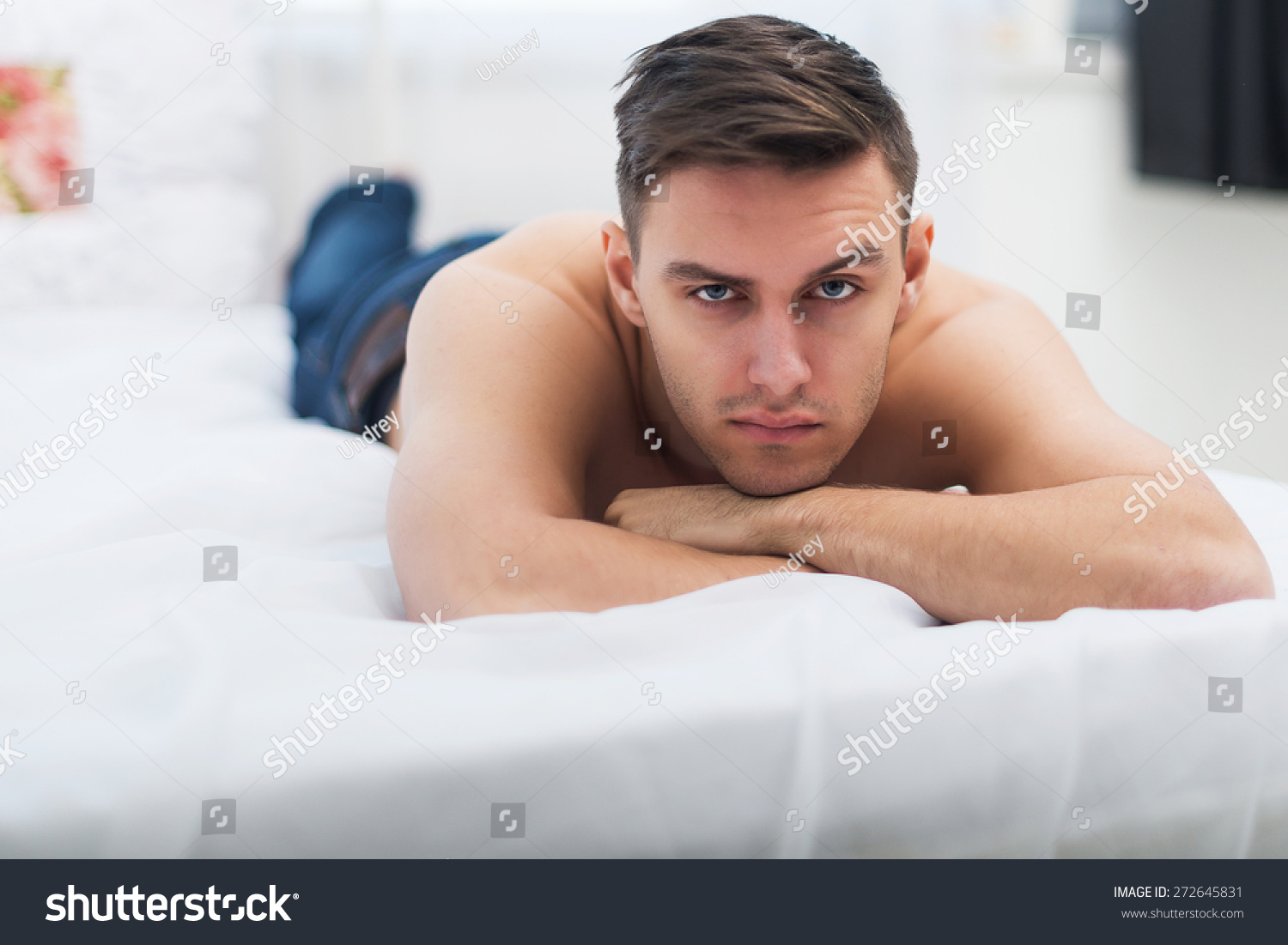 Naked Shirtless Man Blue Jeans Lying Shutterstock