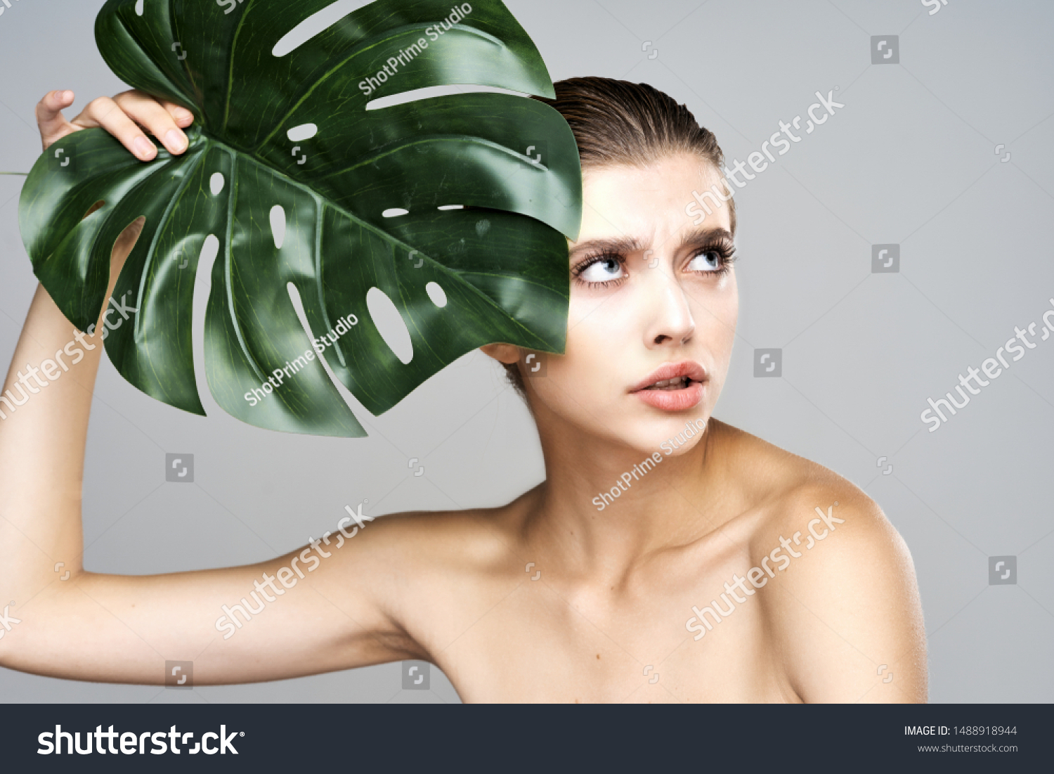 Naked Shoulders Beautiful Woman Palm Leaf Stock Photo