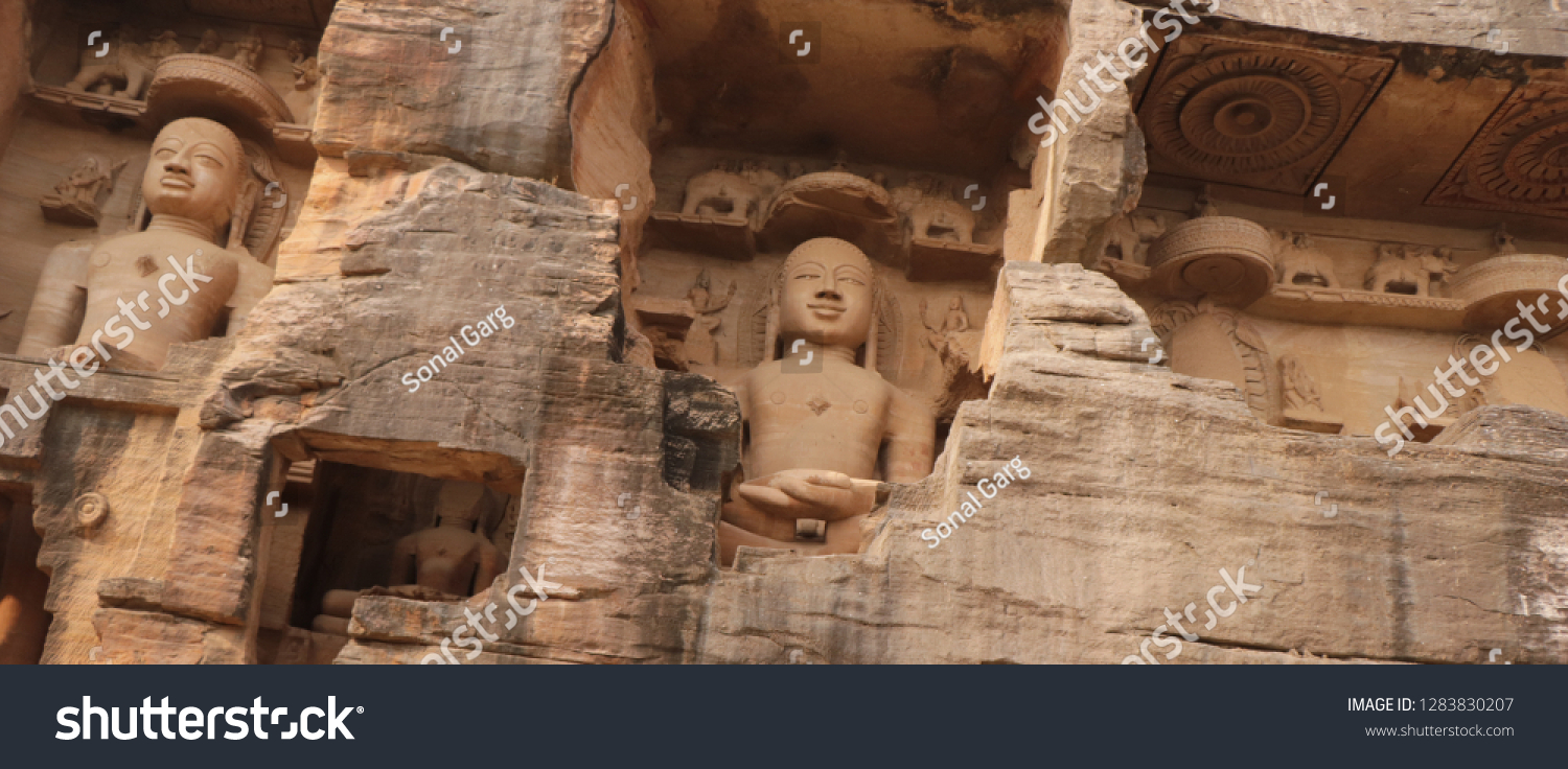 Naked Statues Jain Trithankaras Gopachal Rockcut库存照片1283830207