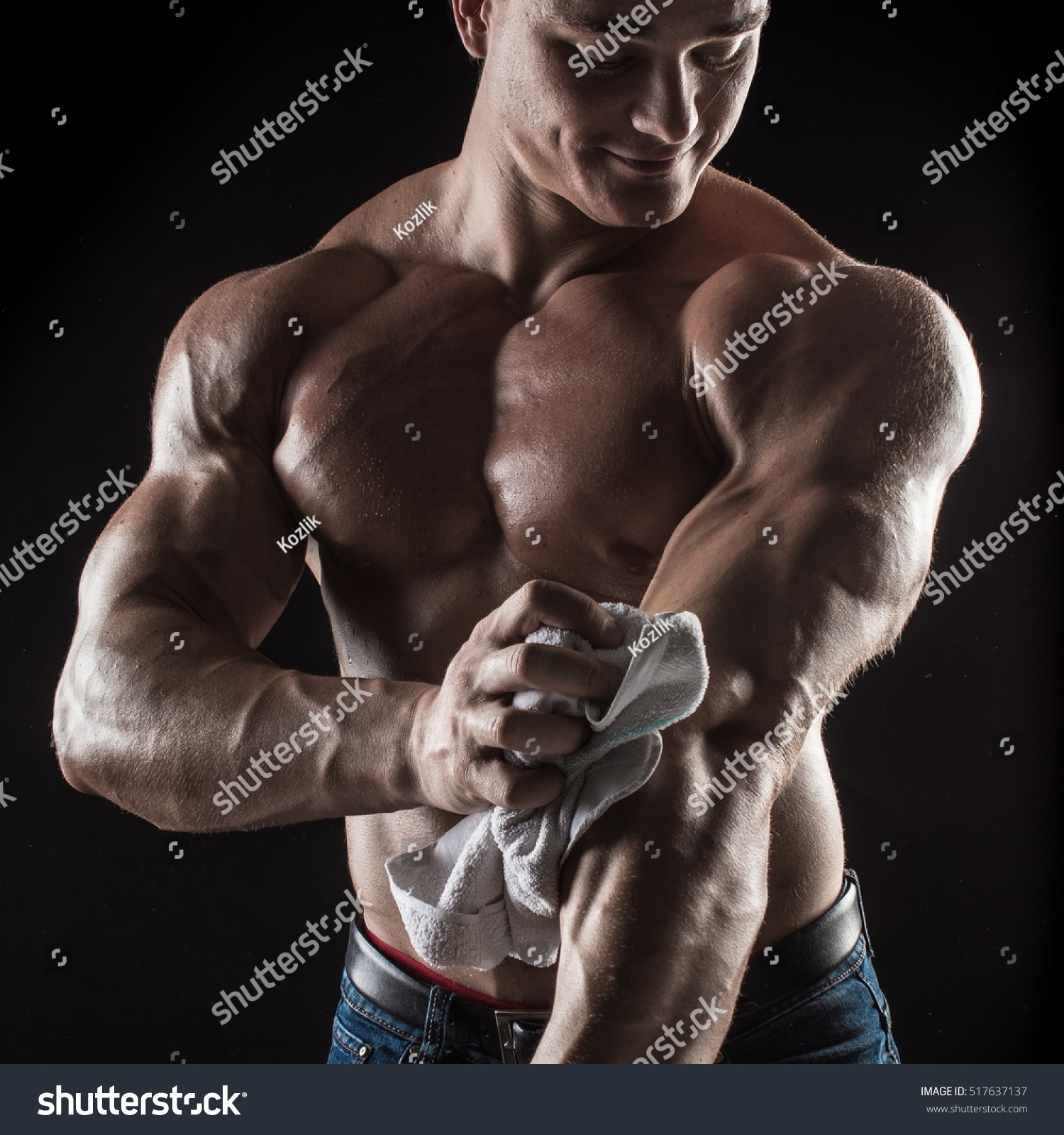 Naked Torso Male Bodybuilder Athlete Towel Stock Photo