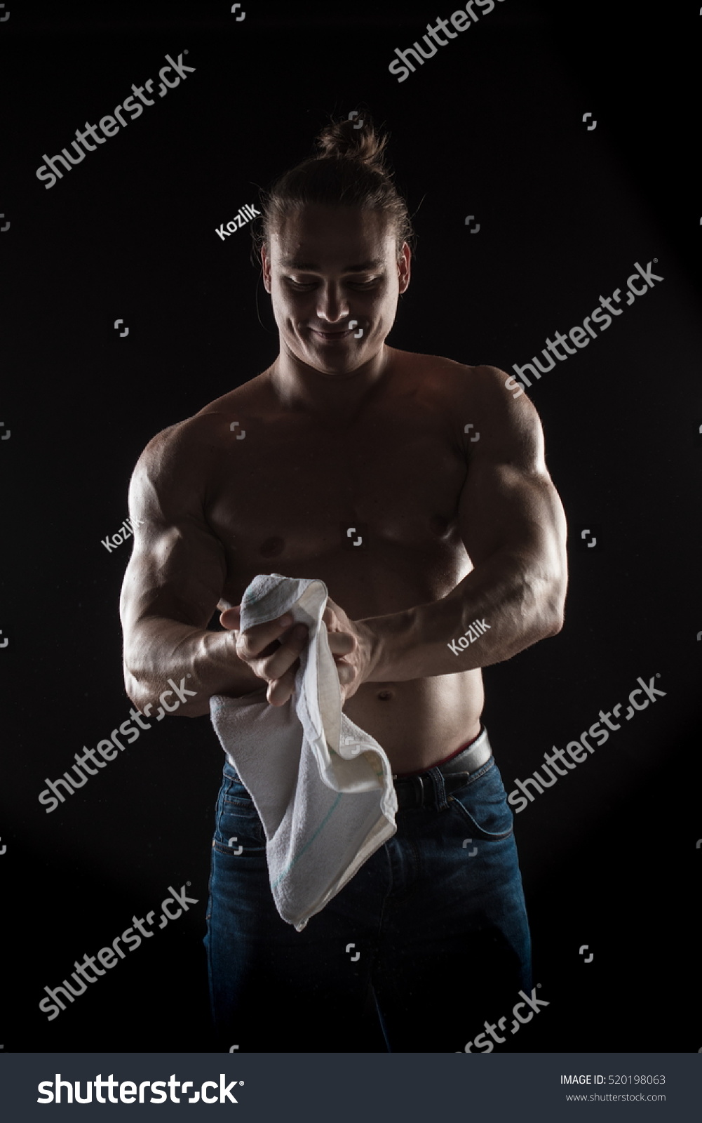 Naked Torso Male Bodybuilder Athlete Towel Stock Photo