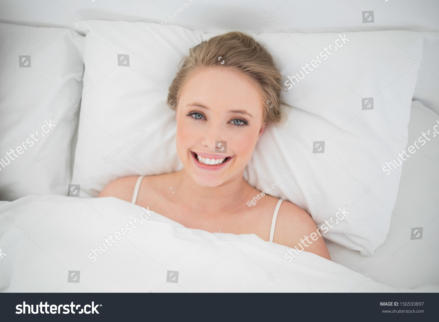 Natural Smiling Blonde Lying Bed Bright Stock Photo