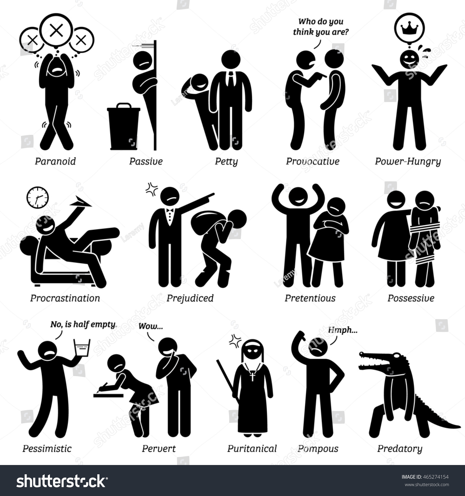 Negative Personalities Character Traits Stick Figures Stock 