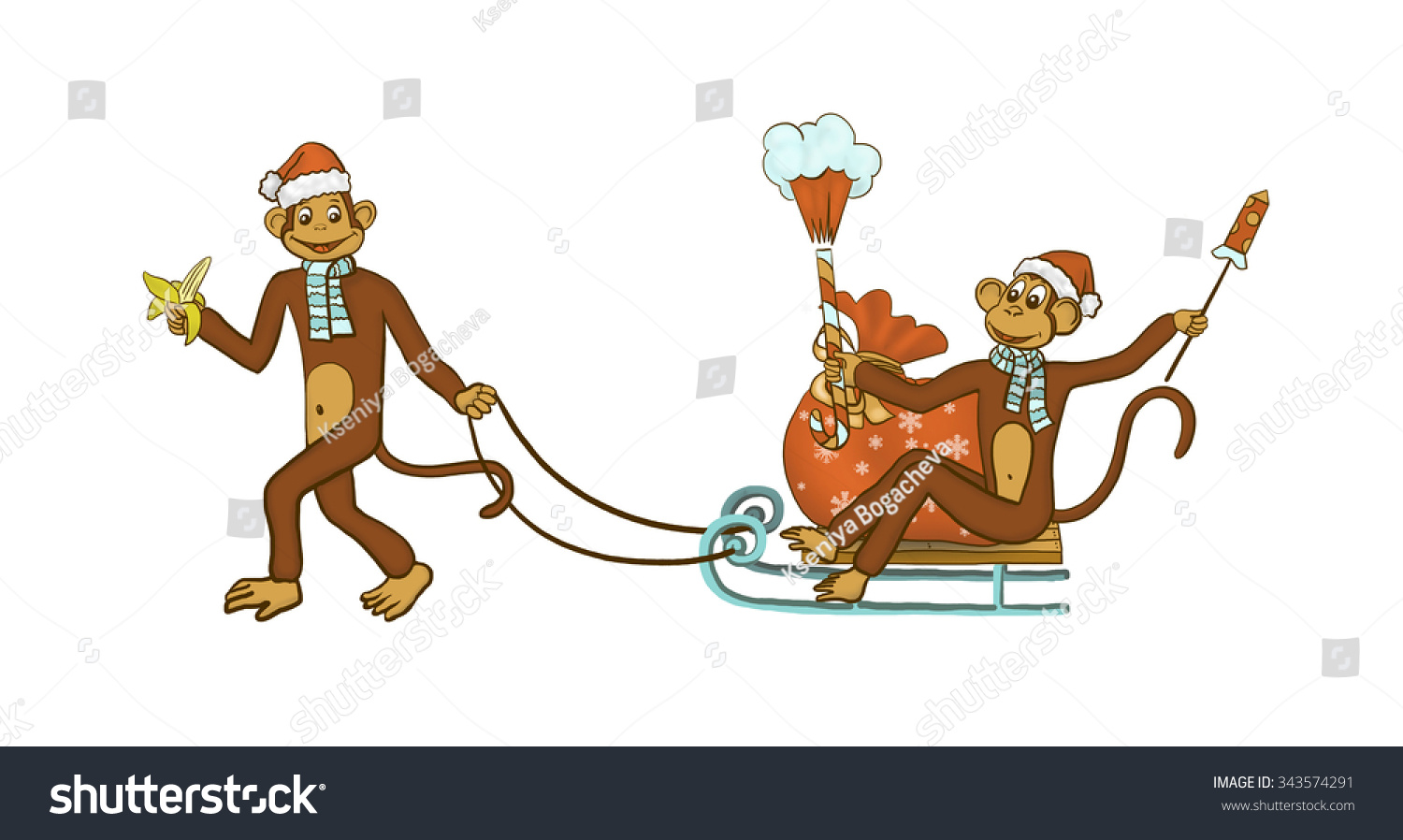 new year christmas monkey and a banana with a sack sleigh new year christmas monkey and a banana with a sack sleigh