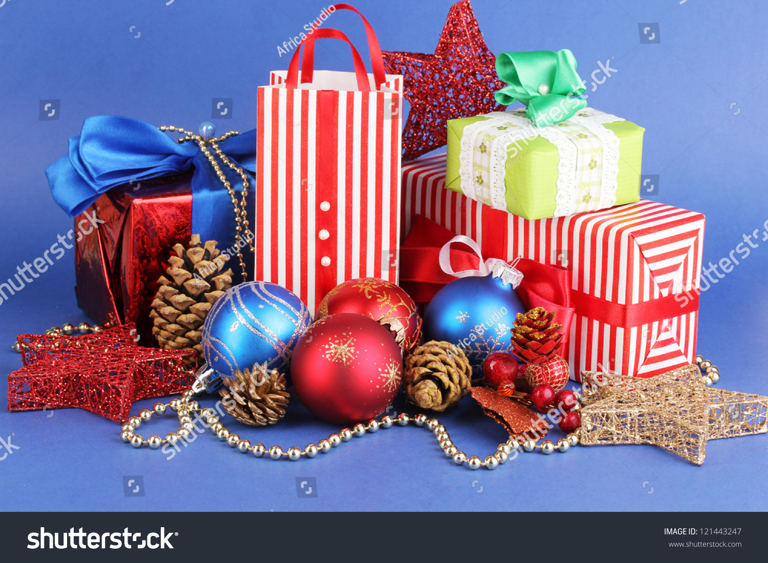 New Year Composition Of New Year'S Decor And Gifts On Blue Background