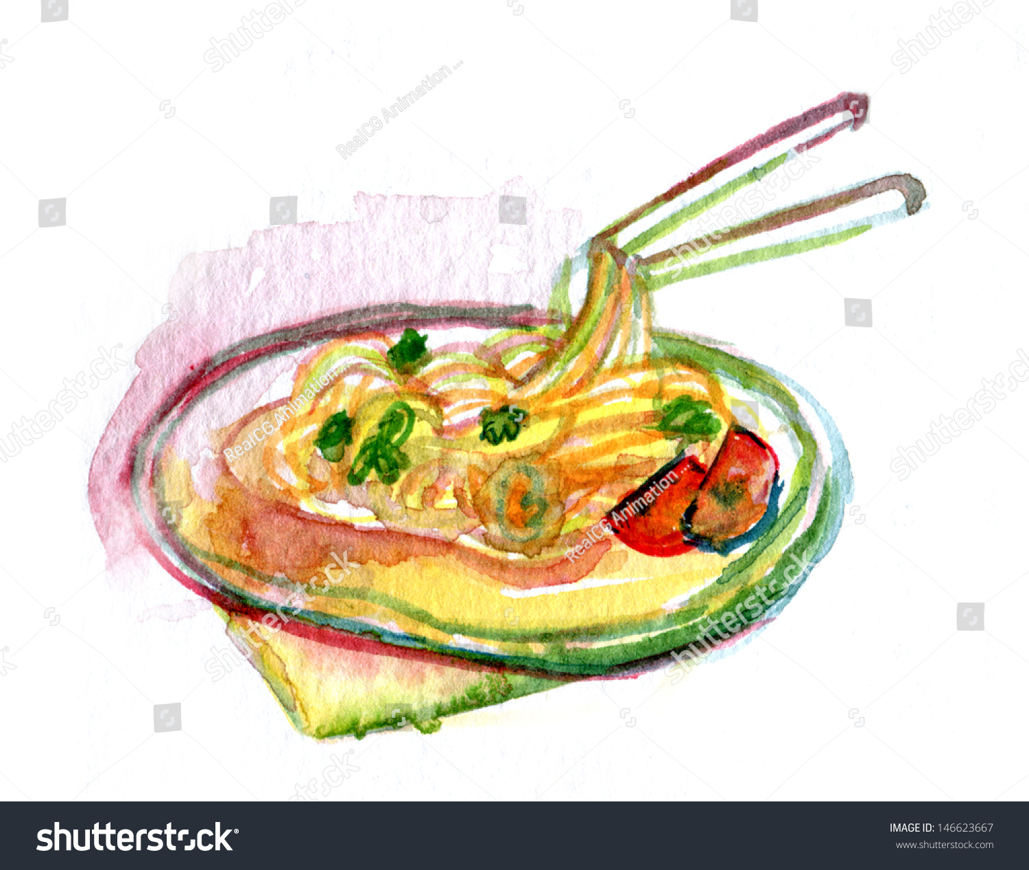 Noodles Watercolor Colorful Watercolor Drawing Use Stock Illustration