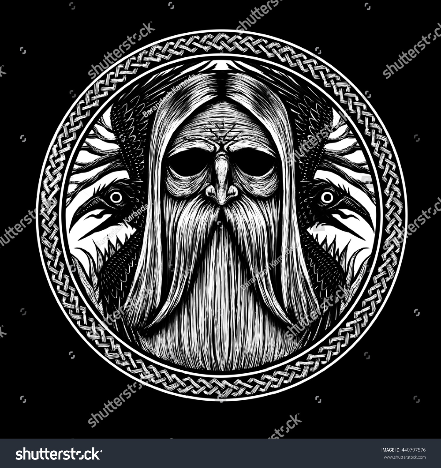 Norse God Odin With Crows And Old Tree Graphic Illustration On Black