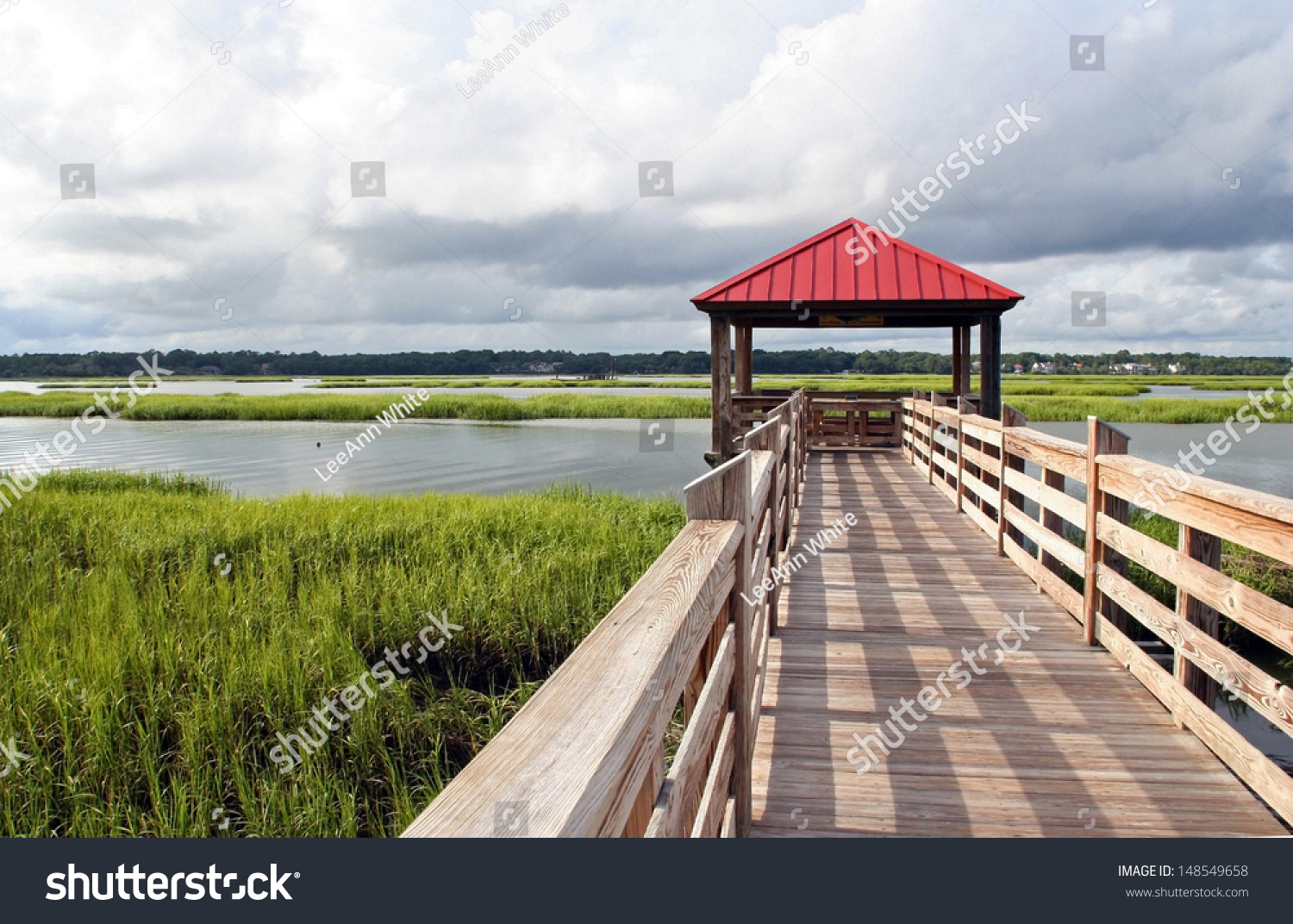 Observation And Fishing Pier In Marshland At Hilton Head Island, South Carolina, Usa. Hilton