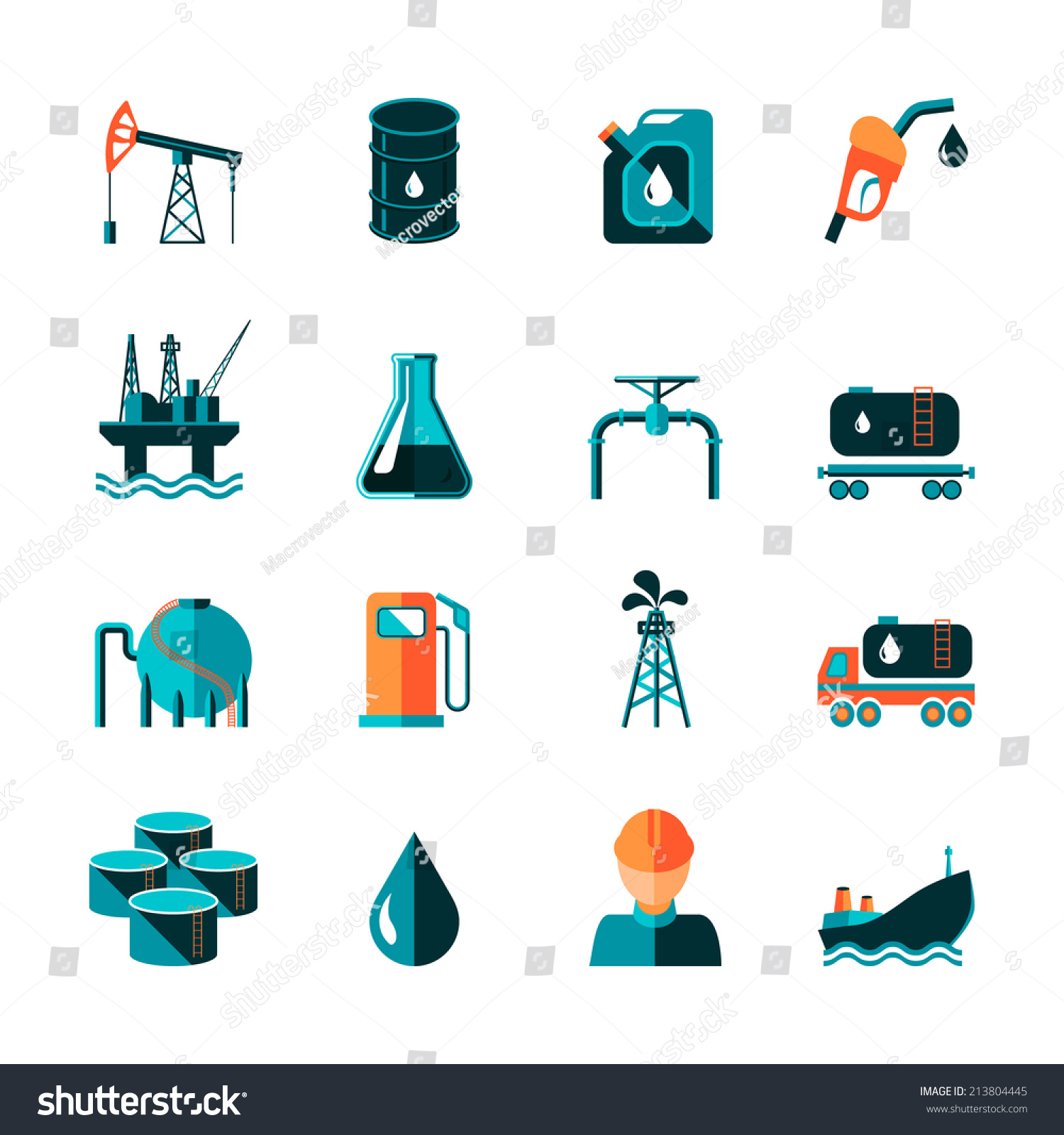 Oil Industry Gasoline Processing Symbols Icons Set In Flat Style With