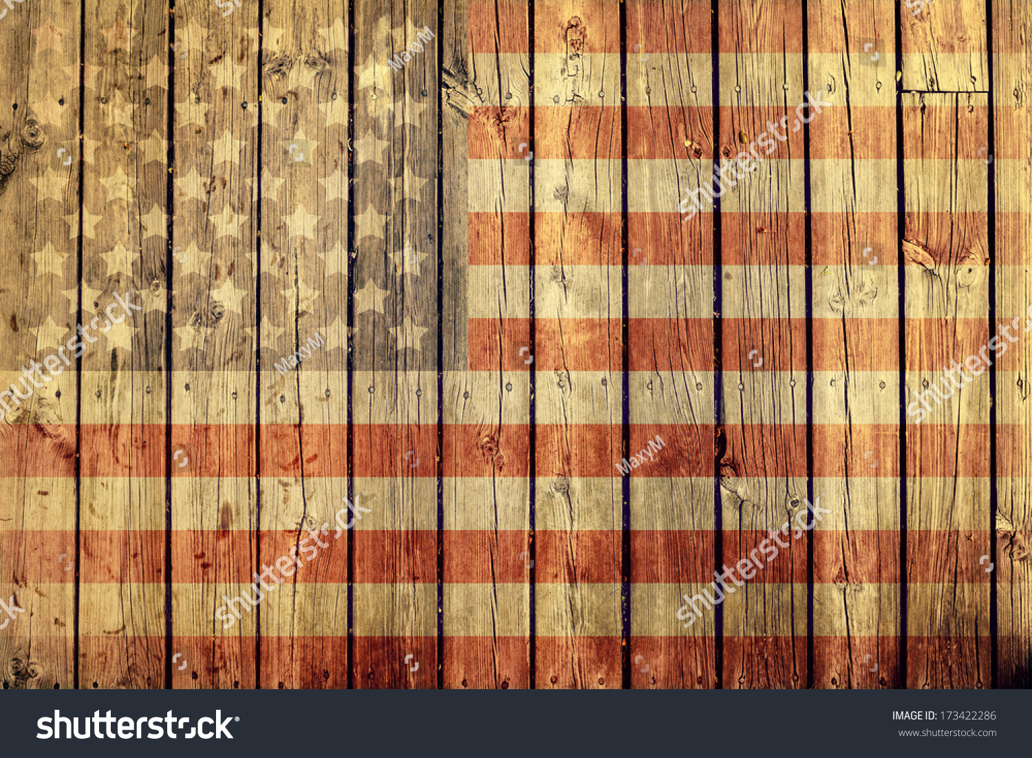 Old Painted American Flag On Dark Wooden Fence Stock Photo 173422286 