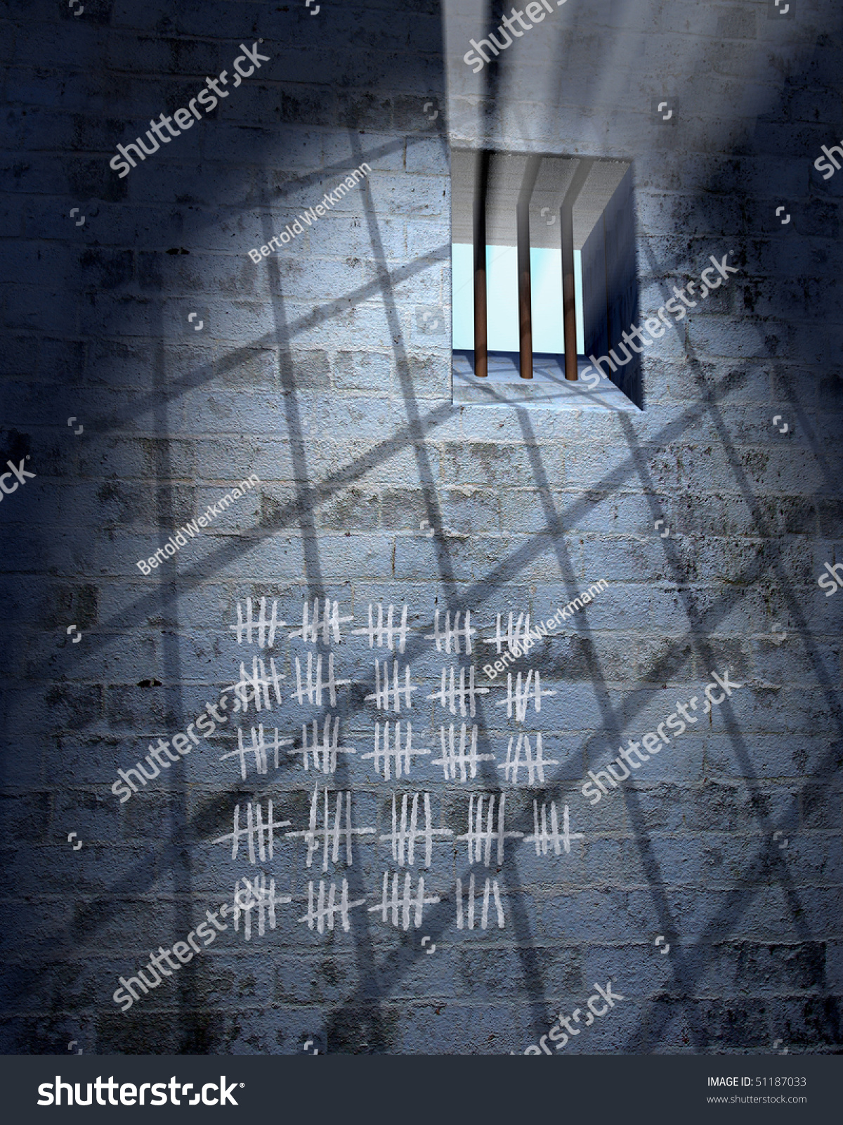 Old Prison Cell With Window, Bars And Calendar In Sunbeam Stock Photo