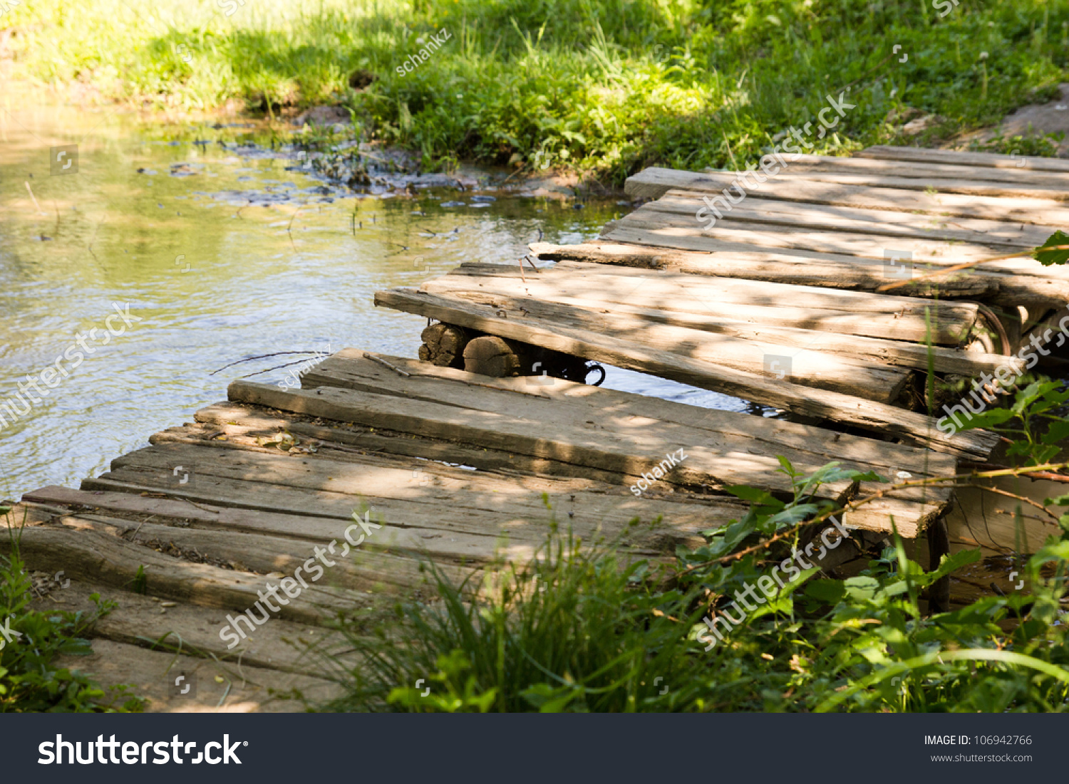 Old Wooden Bridge On The River Stock Photo 106942766 Shutterstock