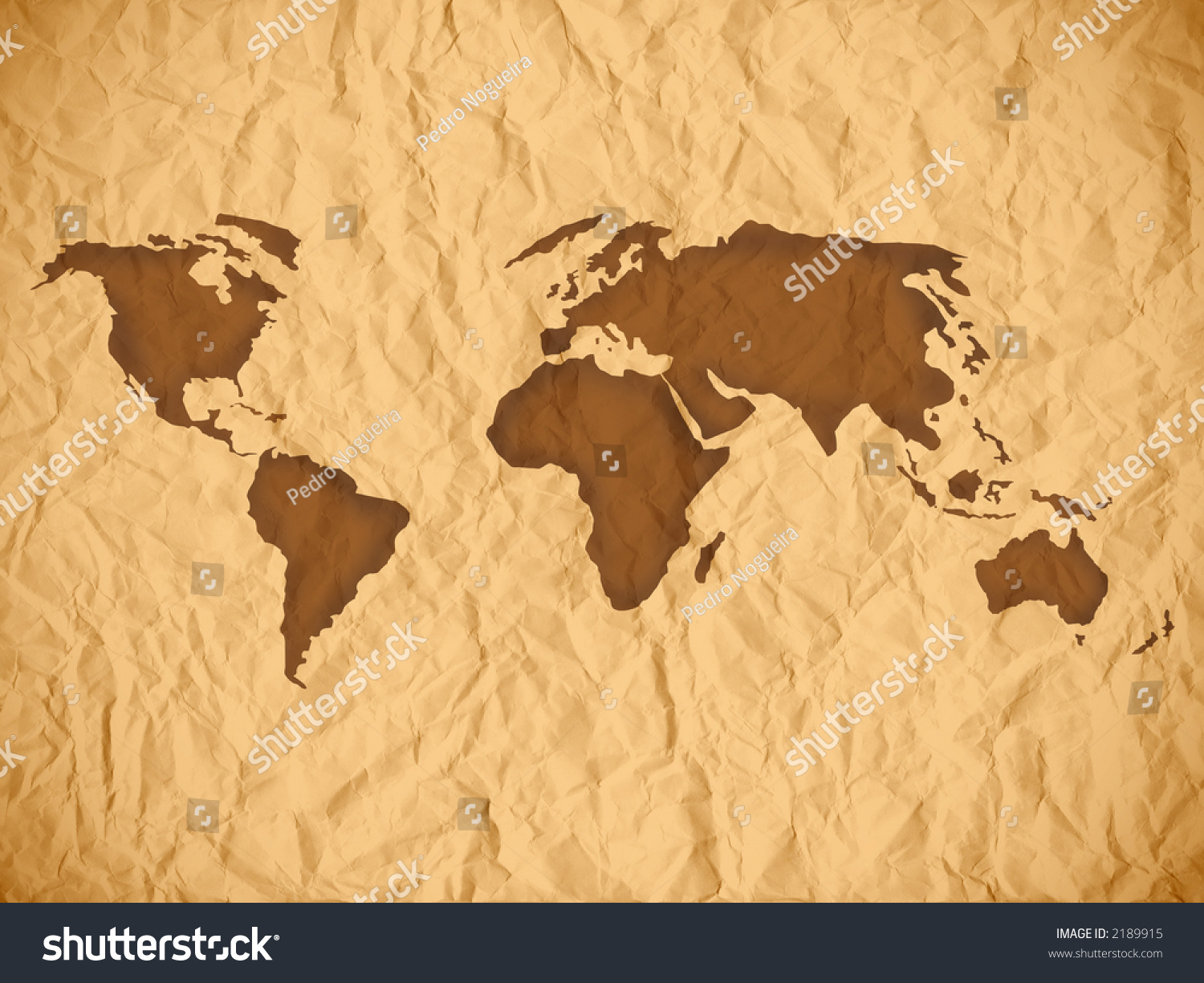 Old Wrinkled Paper Sheet. Old Paper Texture With World Map. Stock Photo 