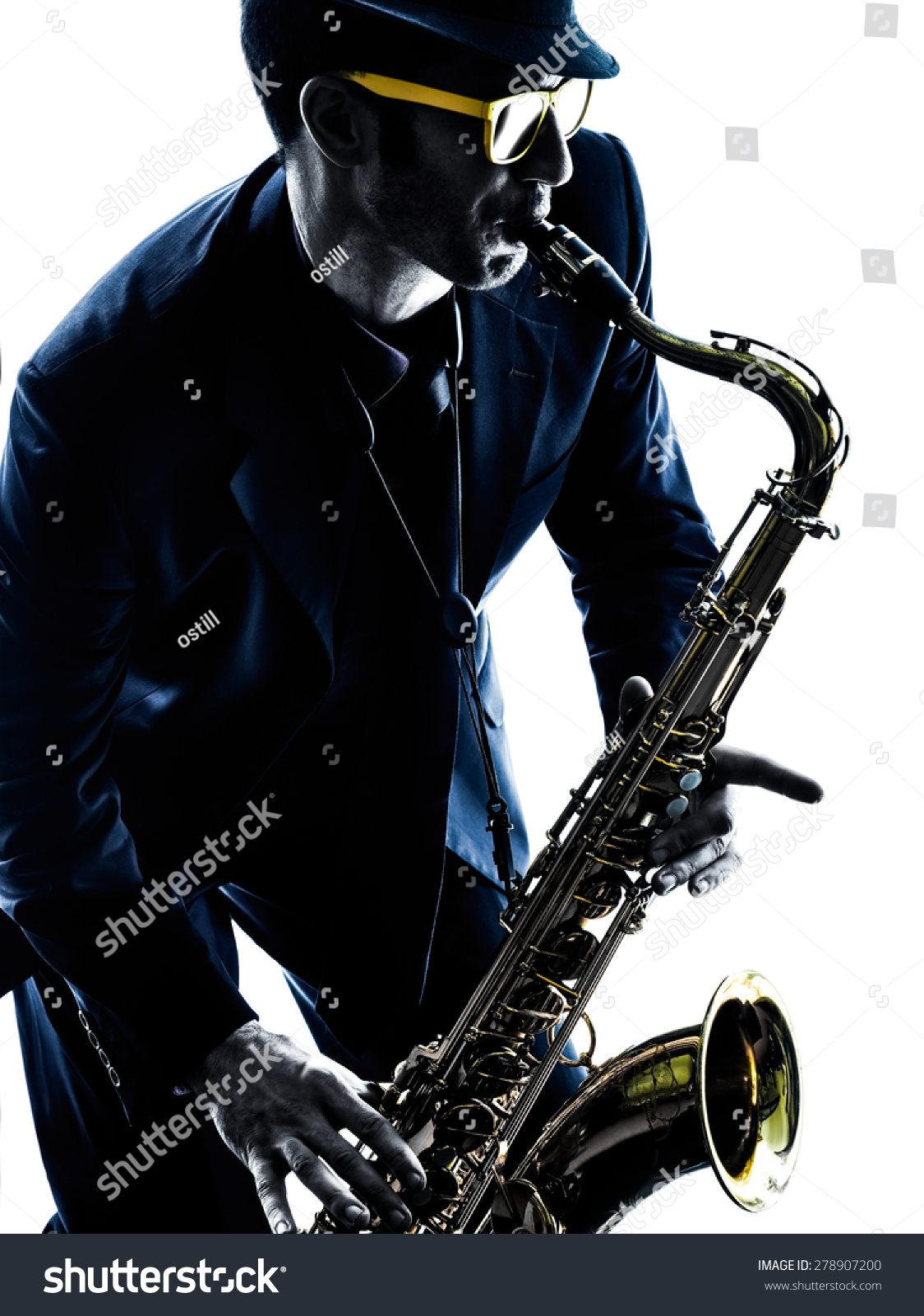one caucasian man saxophonist playing saxophone player in studio silhouette isolated on white background one caucasian man saxophonist playing saxophone player in studio silhouette isolated on white background