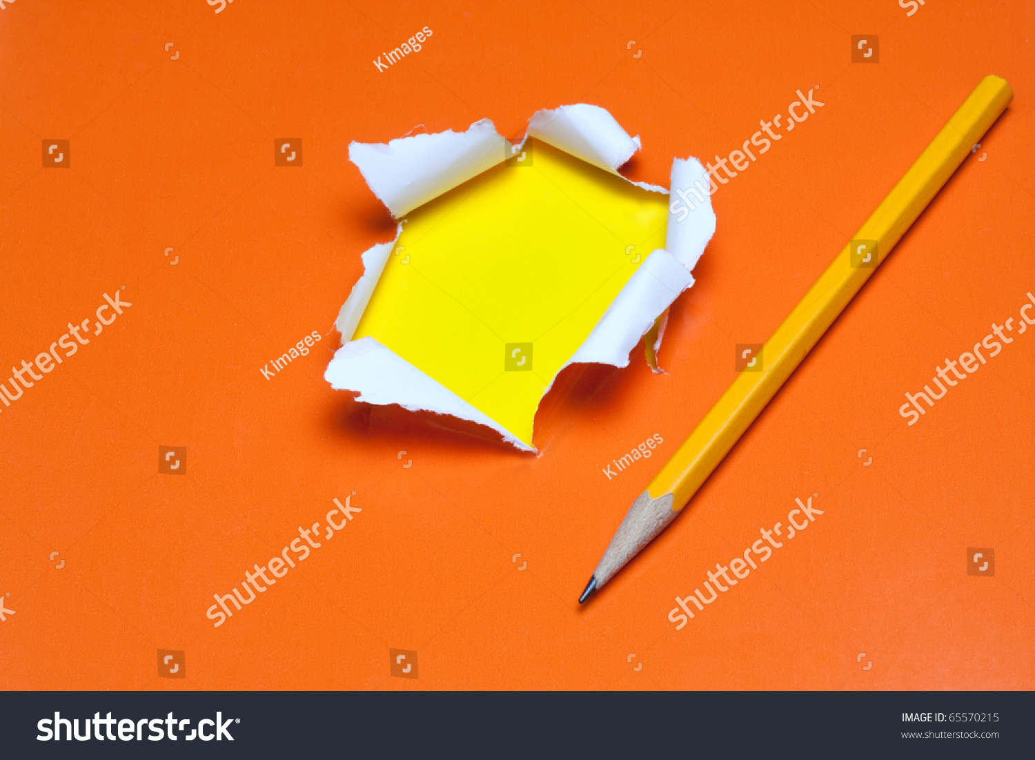 Orange Torn Paper White Background With Pencil Stock Orange Torn Paper White Background With Pencil Stock