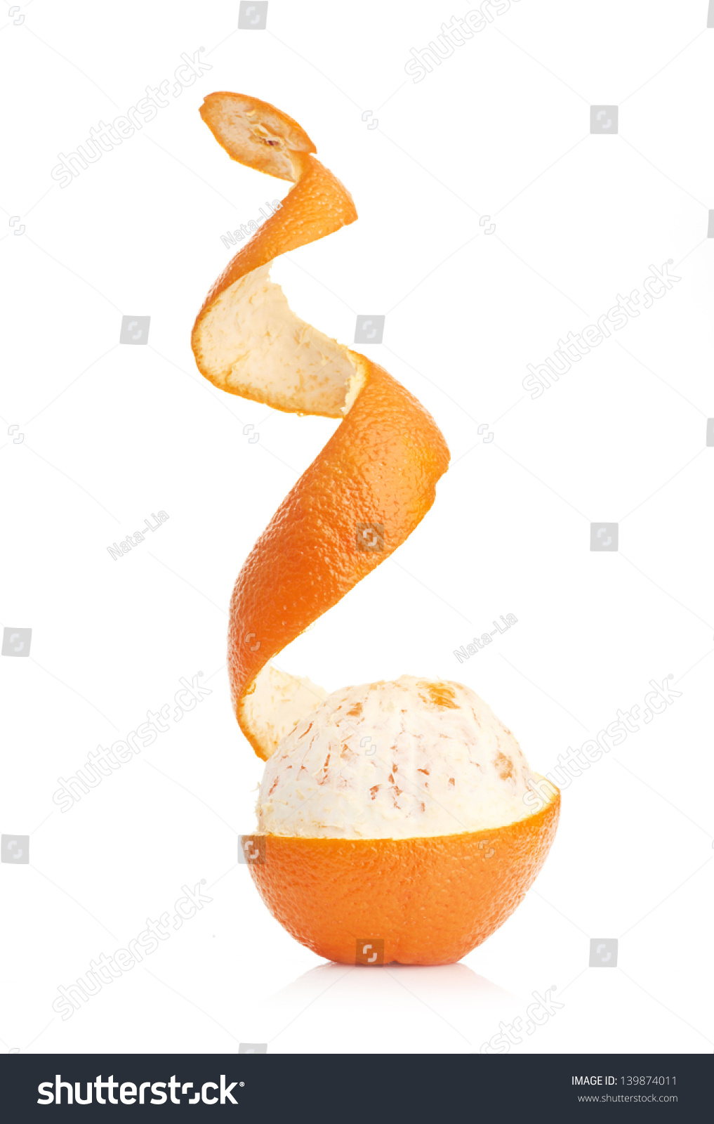 Orange With Peeled Spiral Skin Isolated On White Background Stock Photo