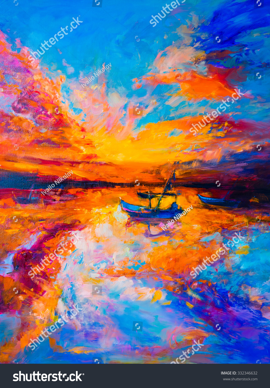 Original Oil Painting On Canvas. Boats, Sunset And Sea. Modern 