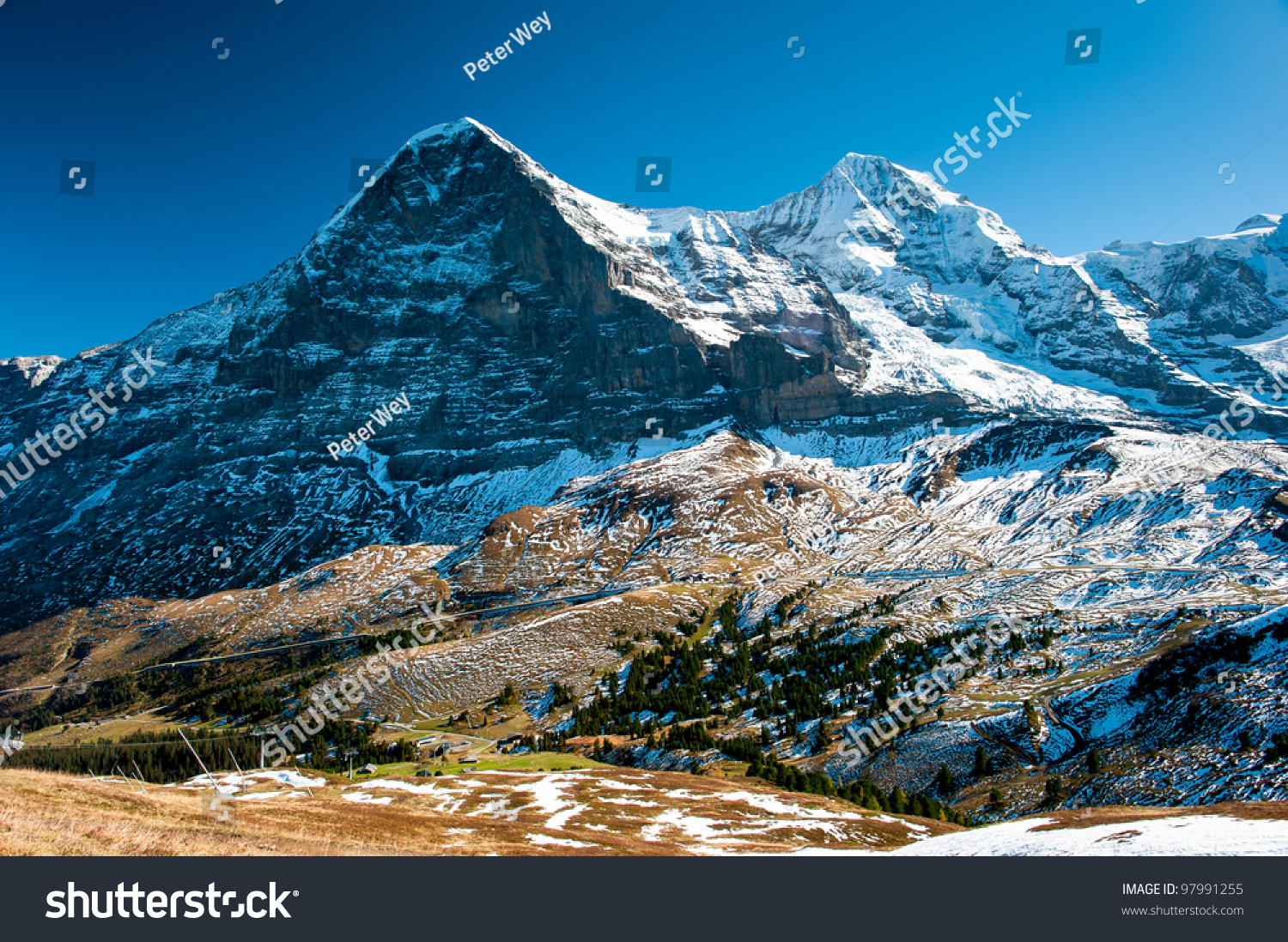 Panorama Of Eiger An Monch Mountain Peaks In Autumn View From Kleine