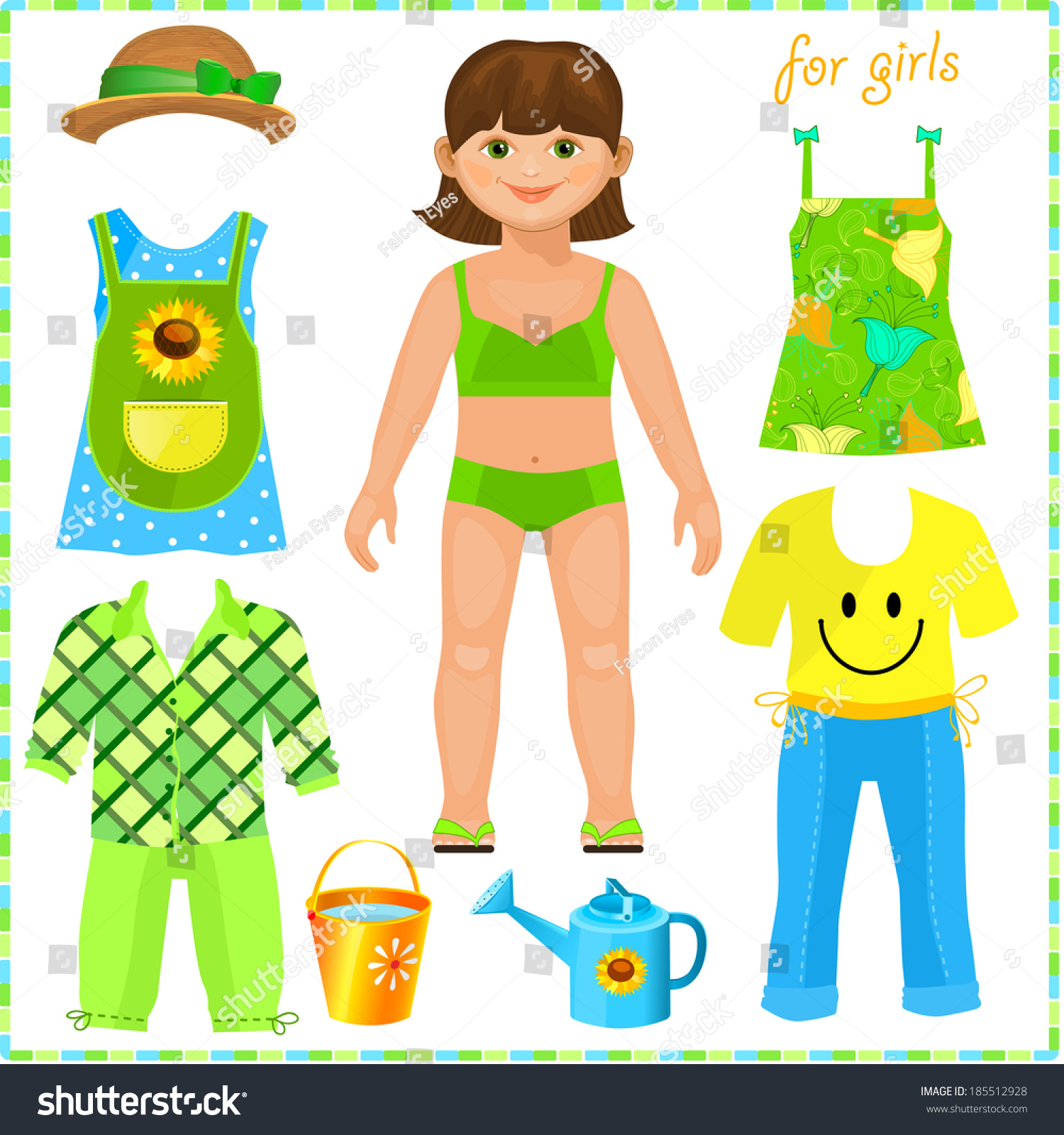 Paper Doll With A Set Of Clothes. Cute Girl. Pretty Gardener. Template 