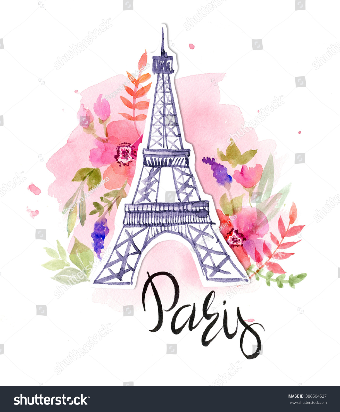 Paris The Eiffel Tower The Inscription And Flowers Watercolor Illustration