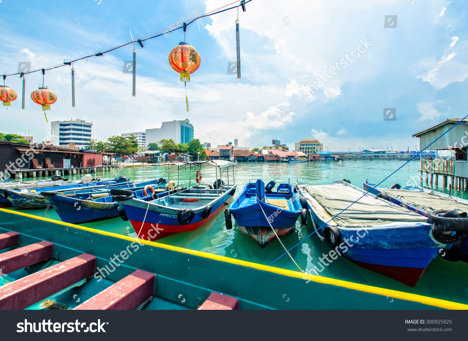 Penang Malaysia July 17 2015 Boats at the Chew Jetty which is one of the UNESCO World Heritage Site in Penang Penang Malaysia July 17 2015 Boats at the Chew Jetty which is one of the UNESCO World Heritage Site in Penang