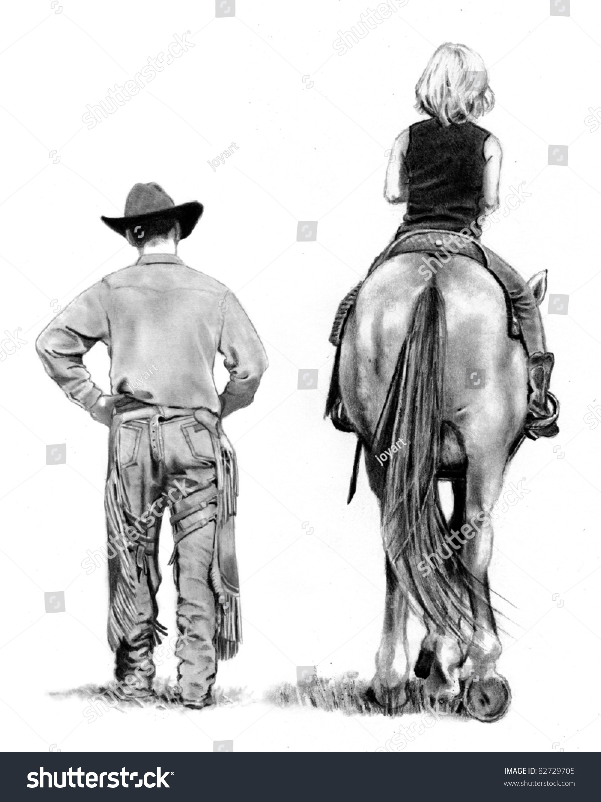 Pencil Drawing Cowboy And Young Horse Rider Stock Photo 82729705