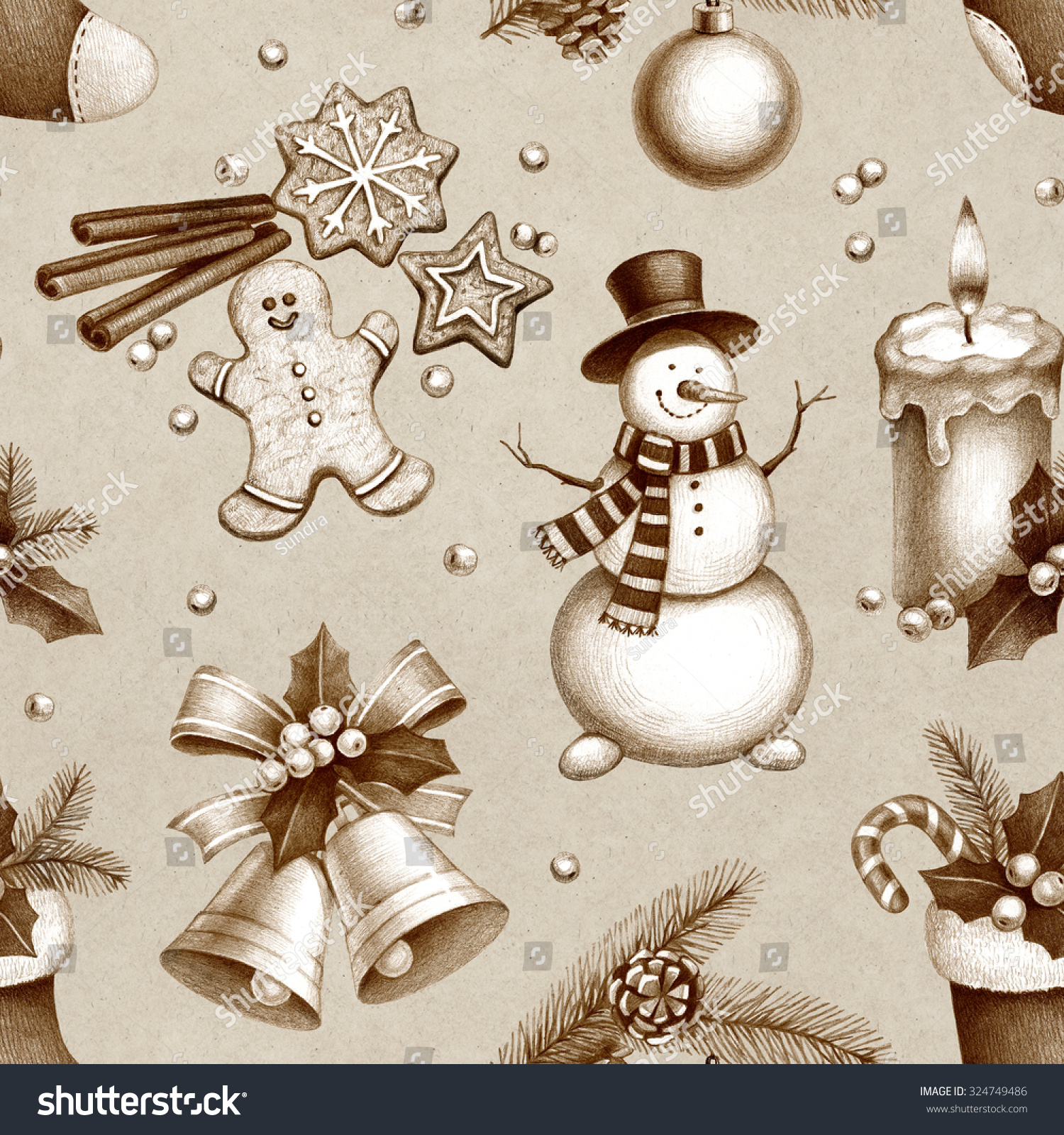 Pencil Drawings Of Christmas Decorations. Seamless Pattern Stock Photo