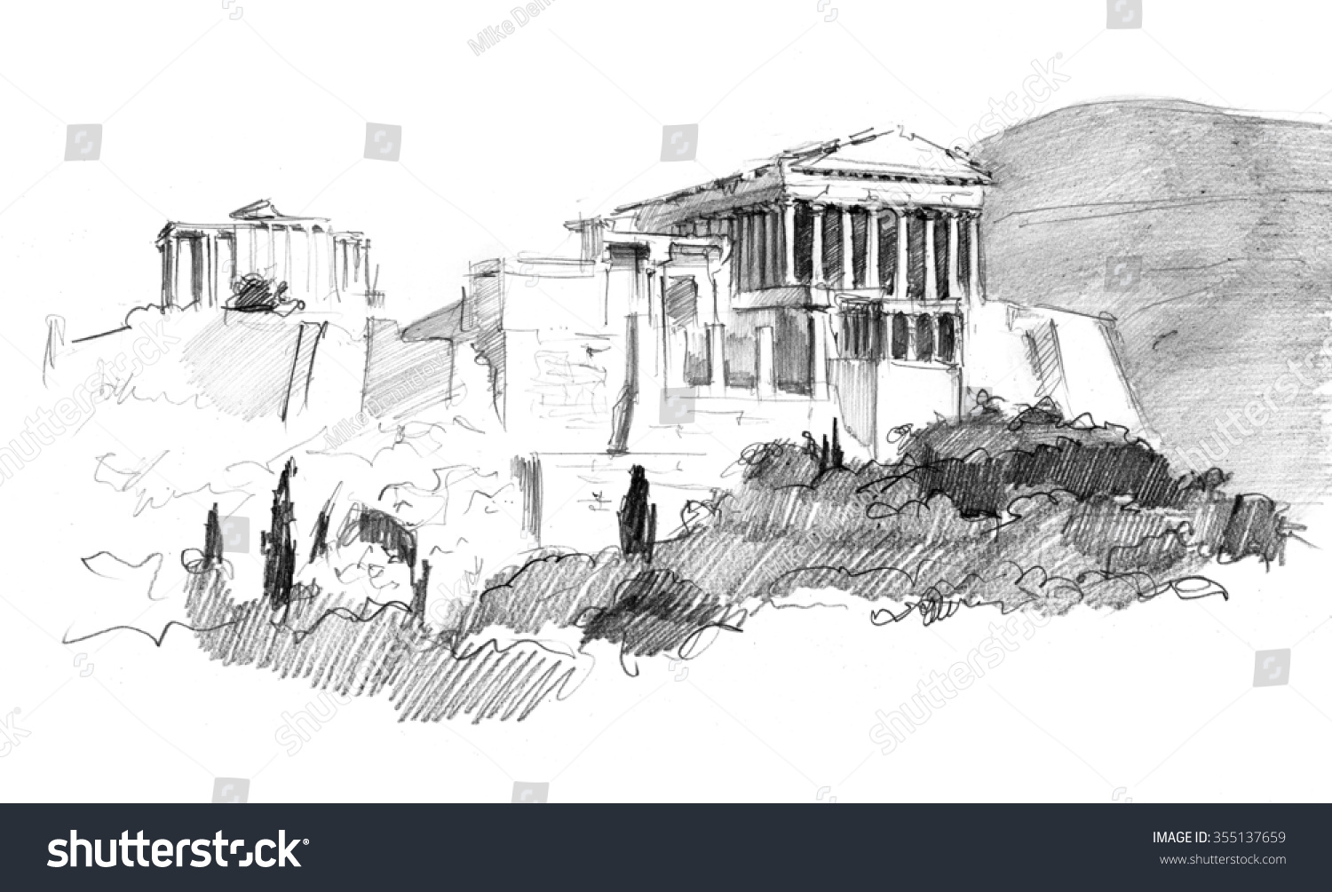 Pencil Sketch Of Acropolis Ruins In Greece Stock Photo 355137659