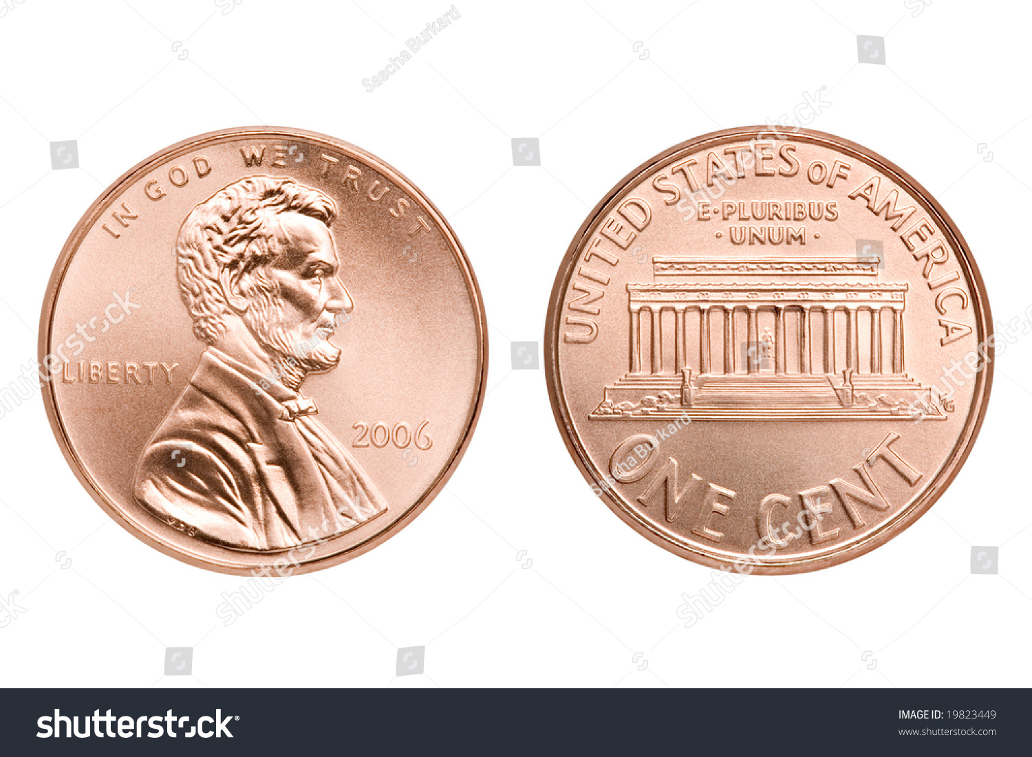 Penny Macro Both Sides, One American Cent Coin Isolated On White Stock