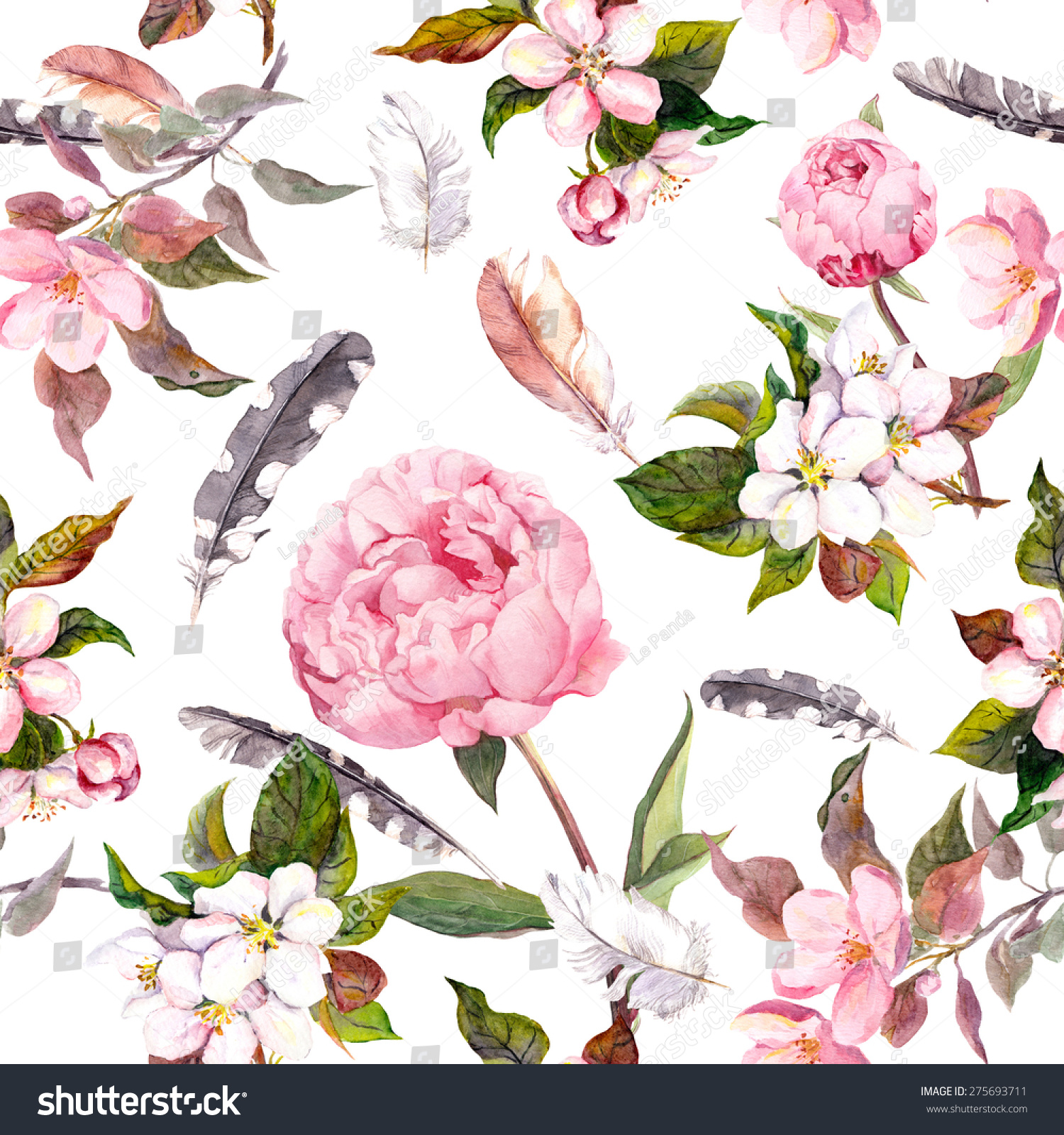 Peony flowers sakura feathers Vintage seamless floral pattern Watercolor Peony flowers sakura feathers Vintage seamless floral pattern Watercolor