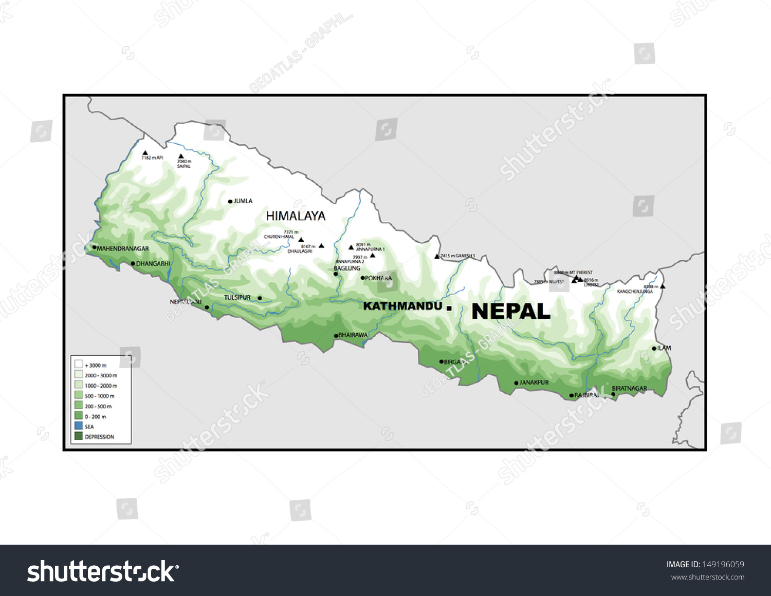 Physical Map Nepal Stock Illustration Shutterstock The Best Porn Website