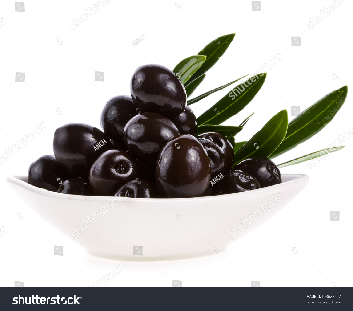 Pickle black olives in a bowl and olive tree branch on a white ...