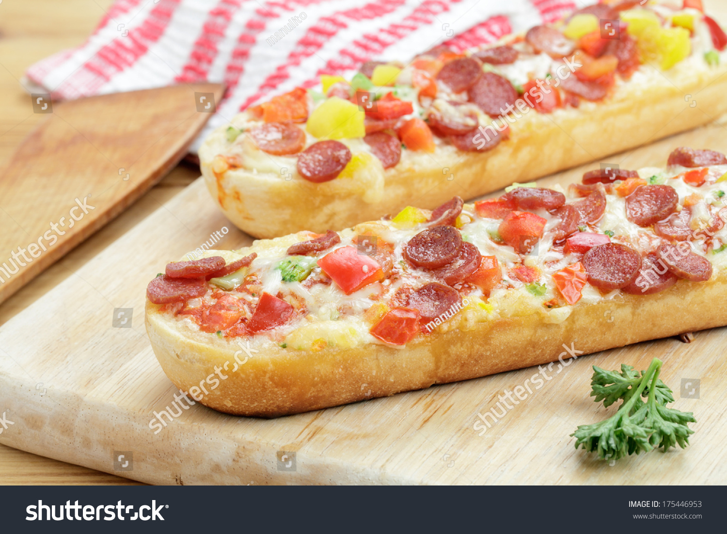 Pizza Baguette With Salami On Wooden Board Stock Photo 175446953 ...