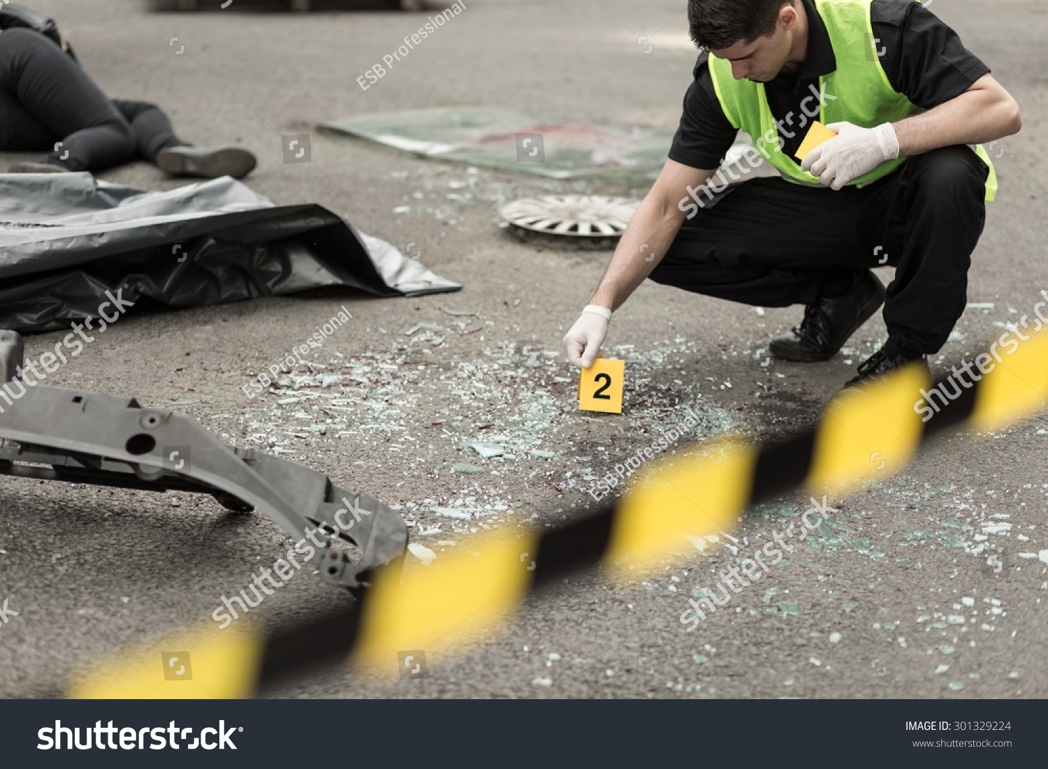 Policeman During Investigation At Road Accident Area Stock Photo ...