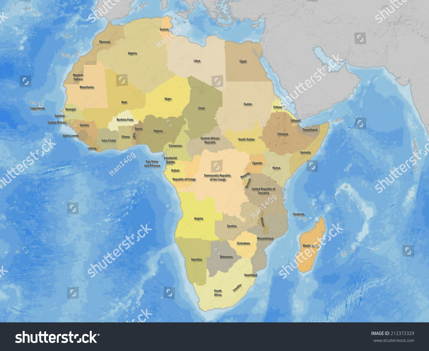 Political Map Of Africa, Ocean Background Stock Photo 212372329